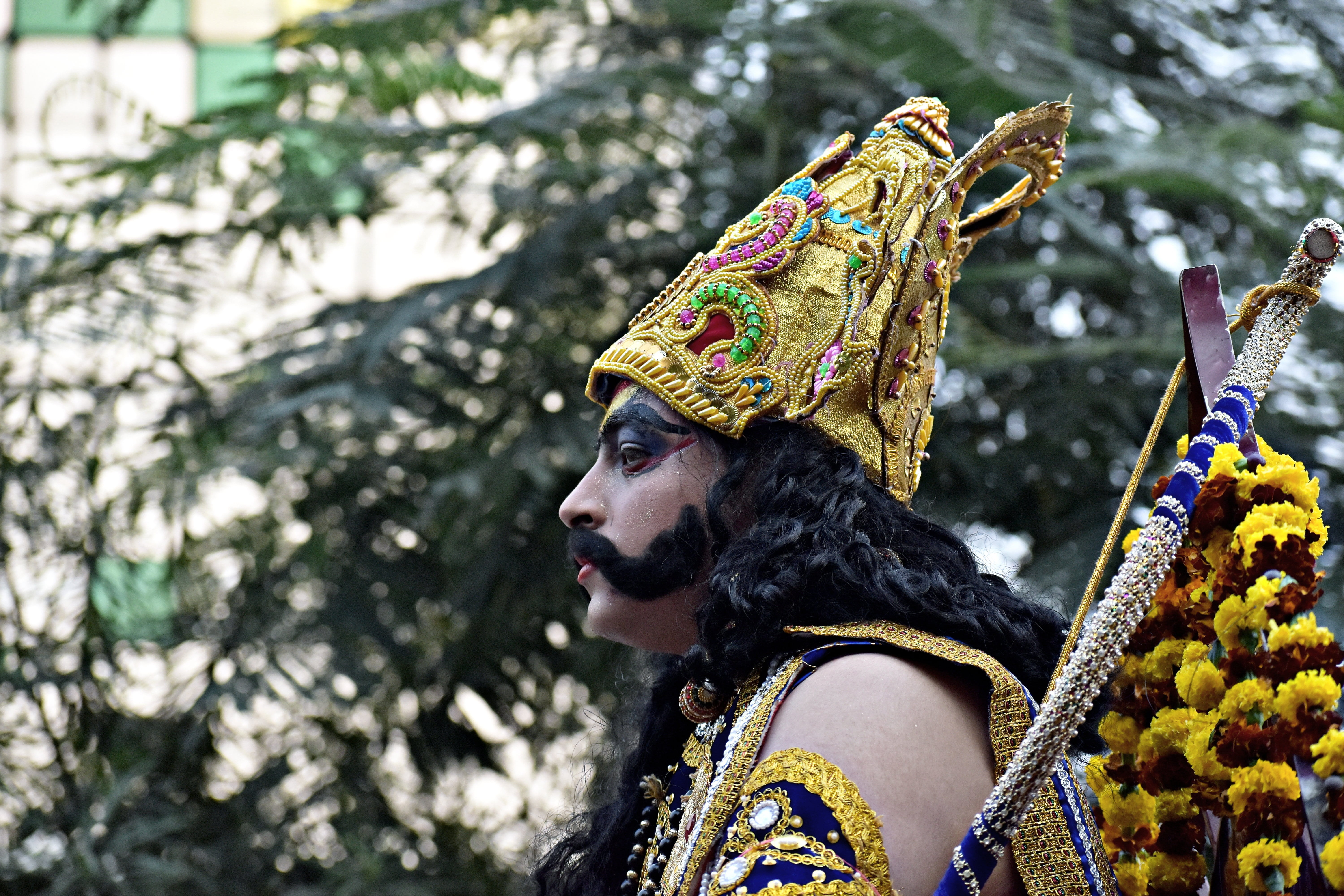 clothing, looking, side view, 5K, disguise, meghnad, traditional clothing, outdoors, ramleela, close-up, creativity, tree, costume, demon, mask - disguise, HD Wallpaper