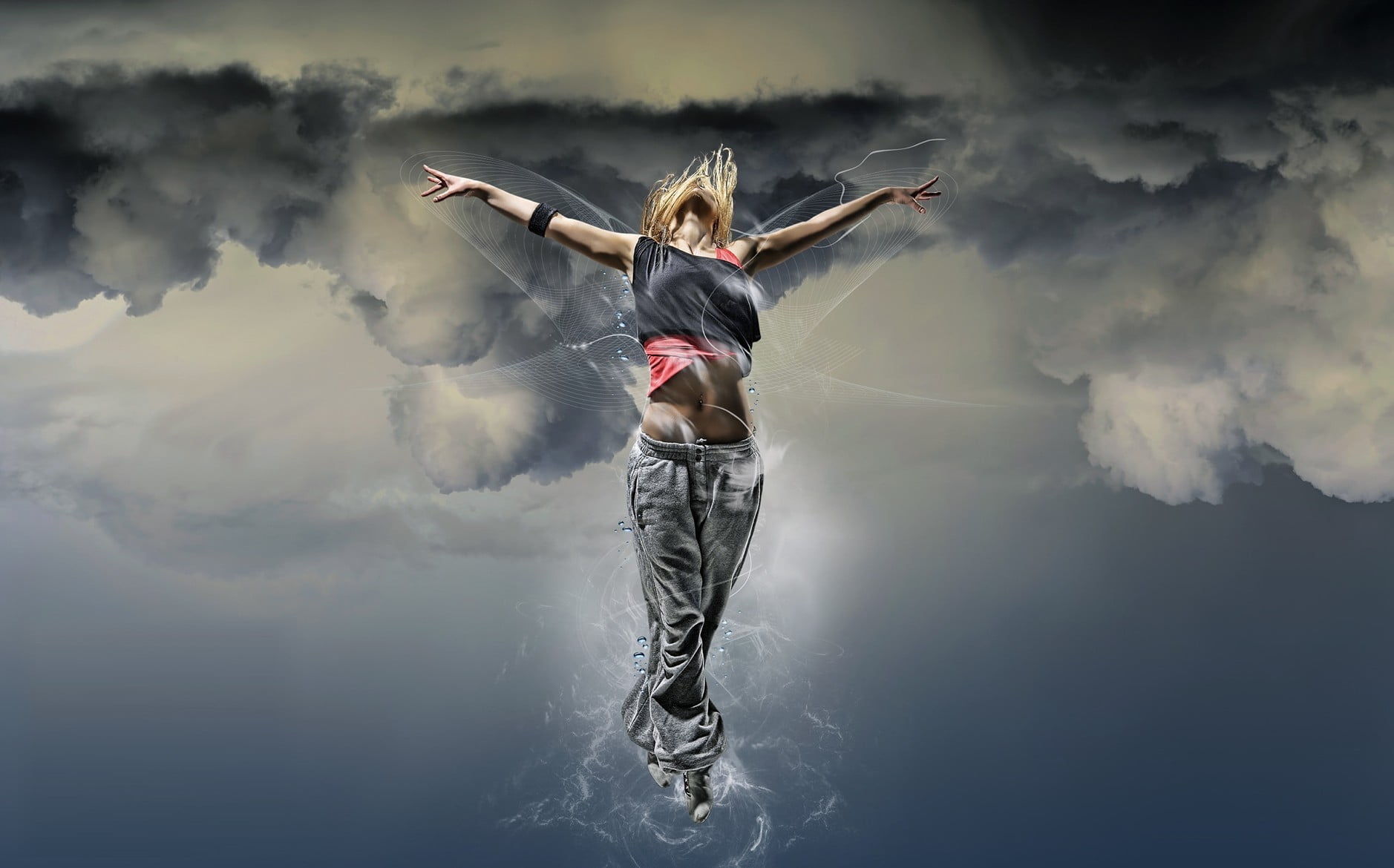 nature, adult, limb, spirituality, sport, women, flying, cloud - Sky, one Person, human arm, full length, freedom, black, standing, girl, sky, sleeveless, HD Wallpaper