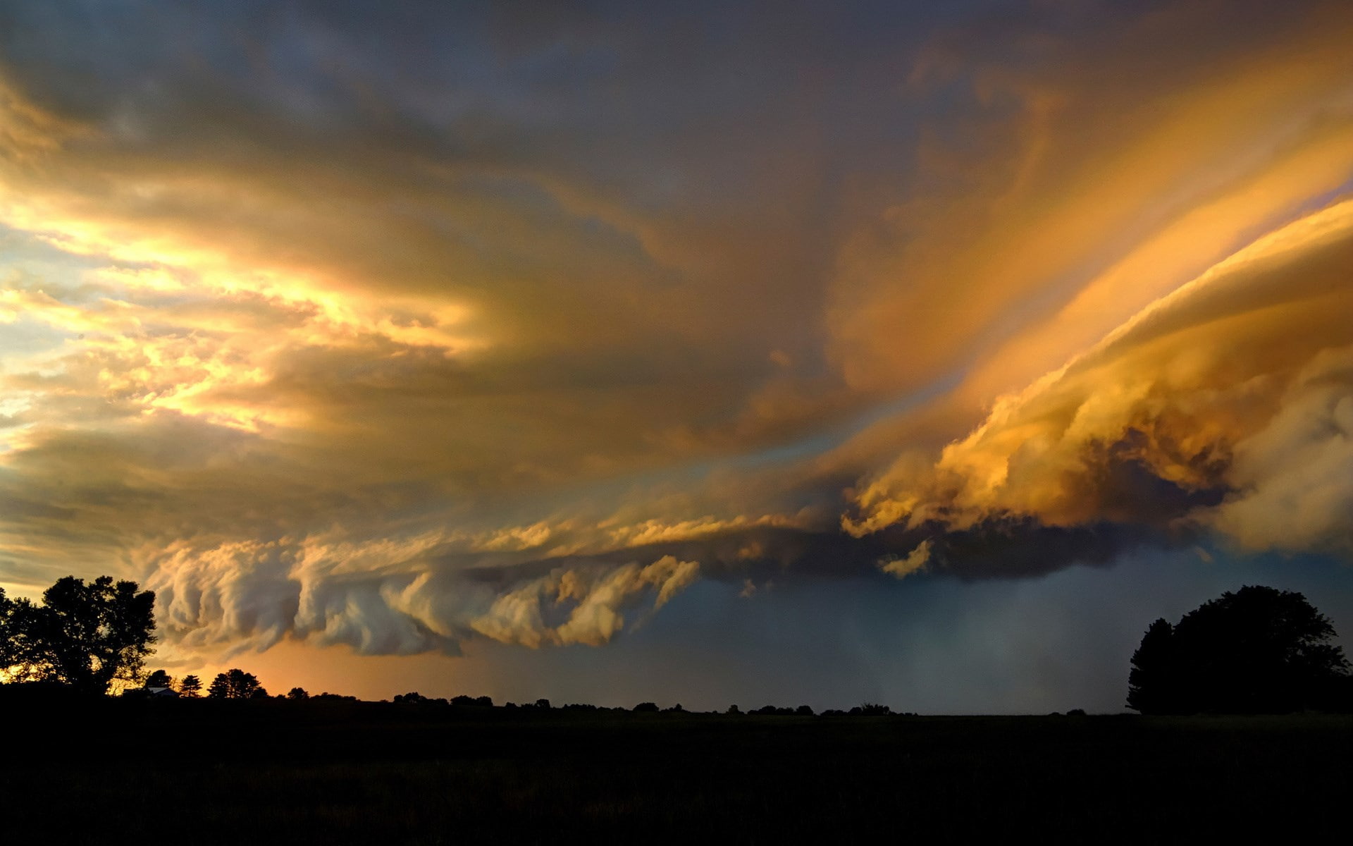 no people, 1080P, sky, landscape, beauty in nature, orange color, tranquility, non-urban scene, idyllic, silhouette, outdoors, storm, power in nature, HD Wallpaper