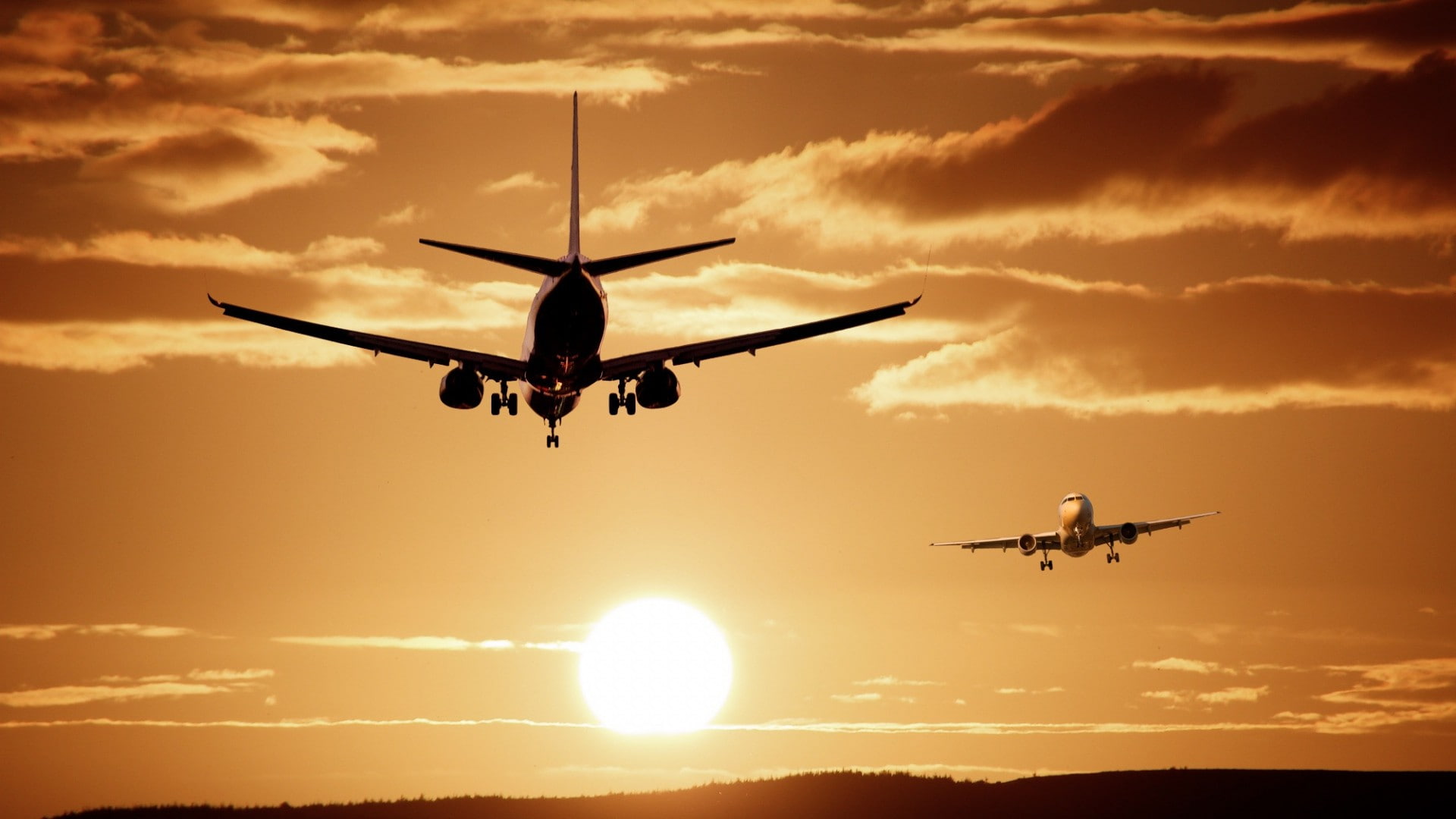 Photoshop, clouds, flying, Sun, airplane, 1080P, nature, passenger aircraft, hills, HD Wallpaper