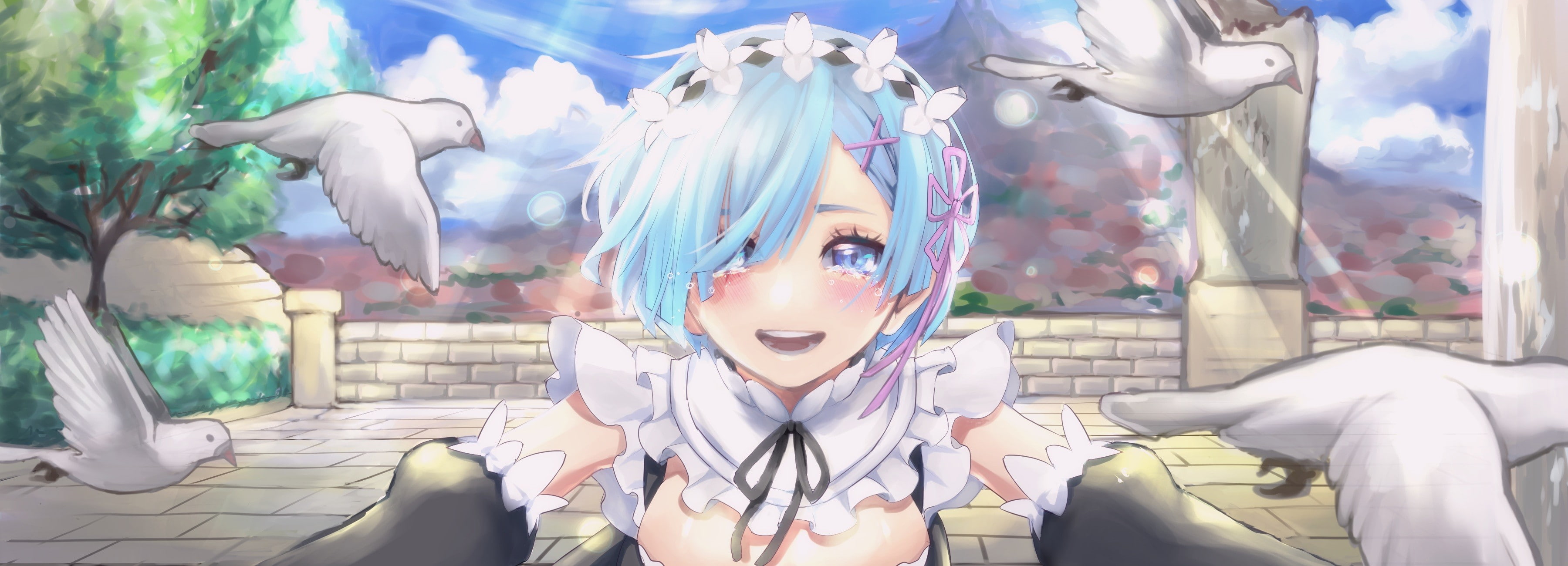 2K, Re:Zero Kara Hajimeru Isekai Seikatsu, blue hair, clouds, Rem (Re: Zero), blue eyes, HD Wallpaper