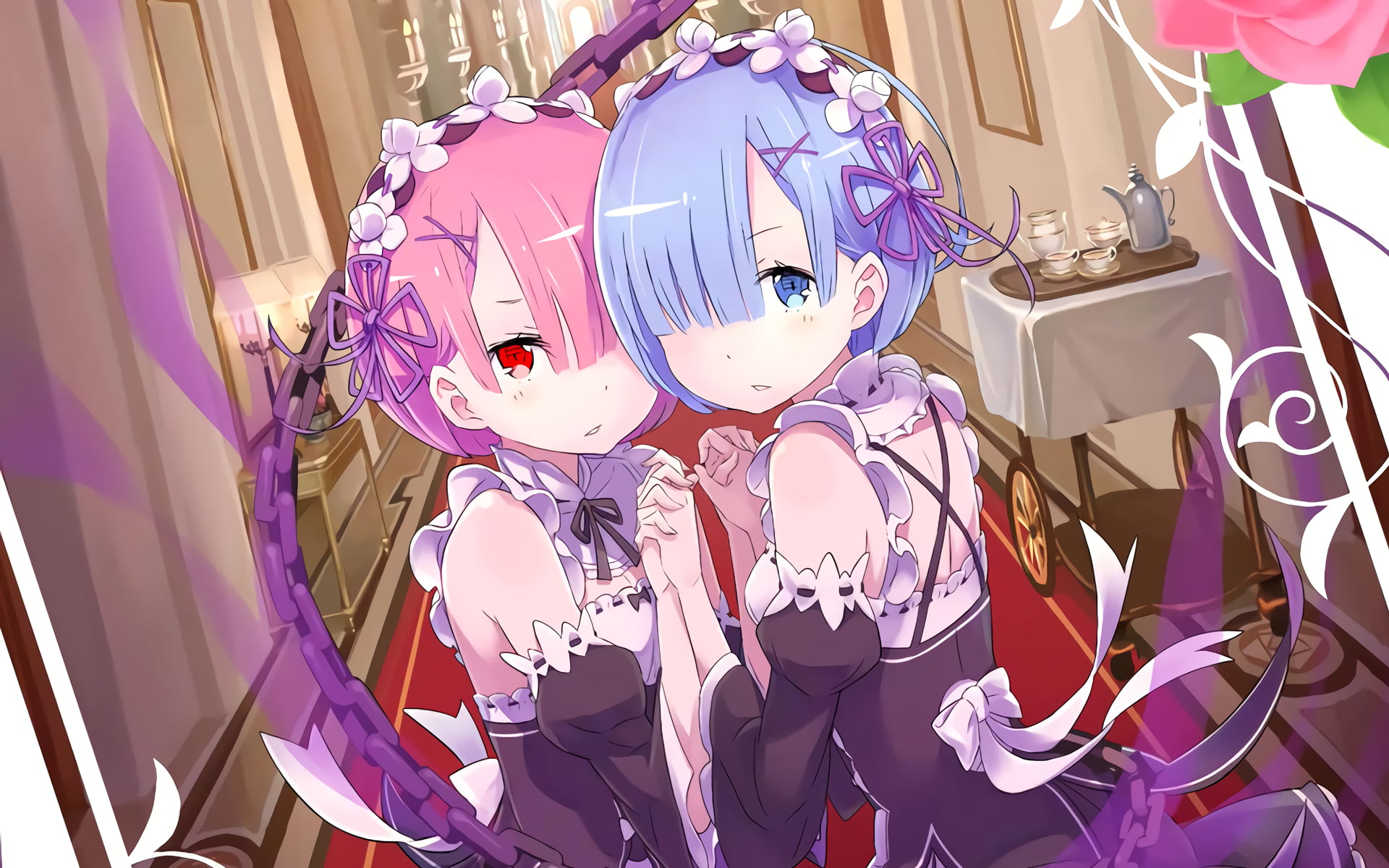 hair bows, still life, festival, day, redhead, indoors, blue hair, Rem (Re: Zero), art and craft, craft, no people, toy, maid outfit, celebration, mask, HD Wallpaper