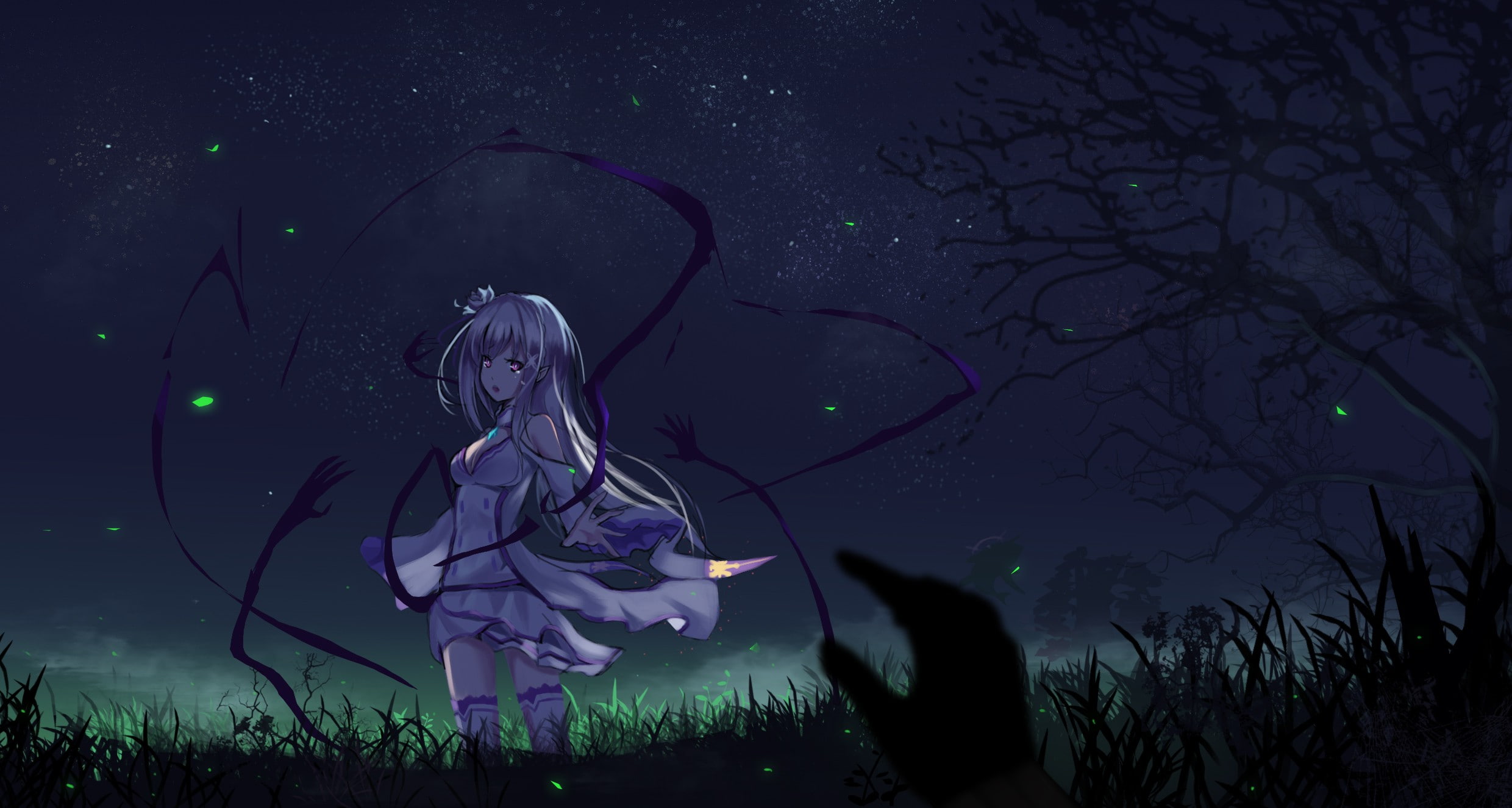 Emilia (Re: Zero), plants, white hair, cleavage, pointed ears, violet eyes, 1080P, grass, night, sky, thigh-highs, Re:Zero Kara Hajimeru Isekai Seikatsu, HD Wallpaper