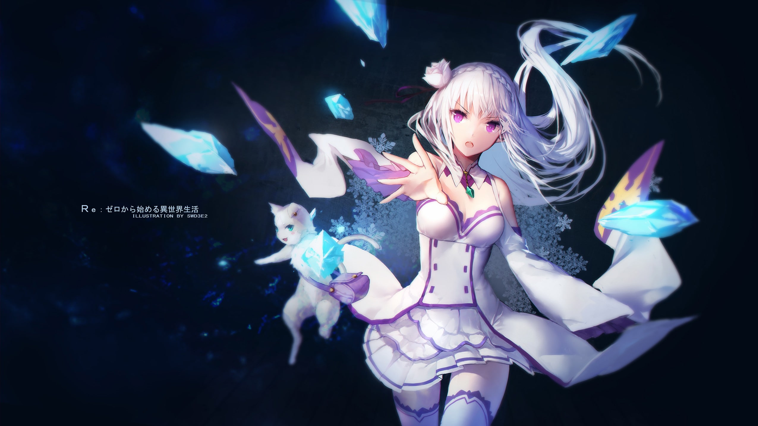 cleavage, dress, swd3e2, 1080P, violet eyes, thigh-highs, white hair, Emilia (Re: Zero), Re:Zero Kara Hajimeru Isekai Seikatsu, Puck (Re:Zero), HD Wallpaper