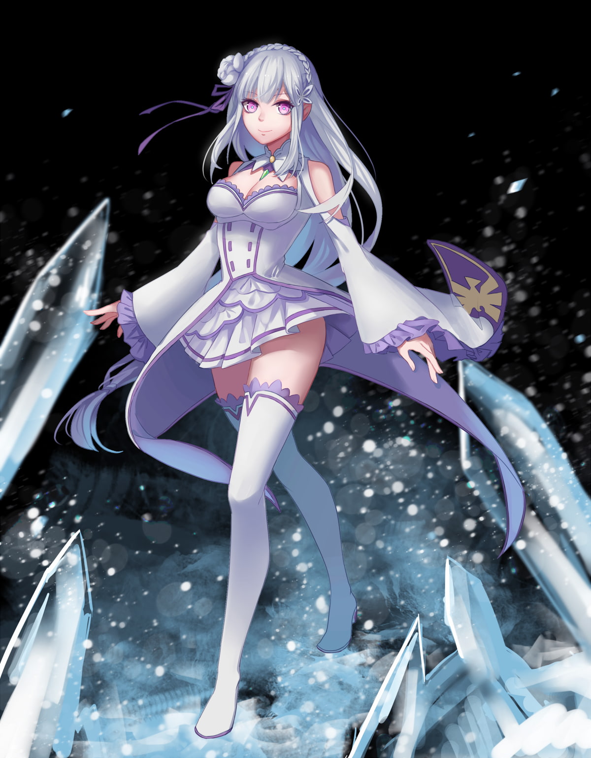 Emilia (Re: Zero), gray hair, 720P, Re:Zero Kara Hajimeru Isekai Seikatsu, anime girls, long hair, anime, open shirt, thigh-highs, pink eyes, Phone HD Wallpaper