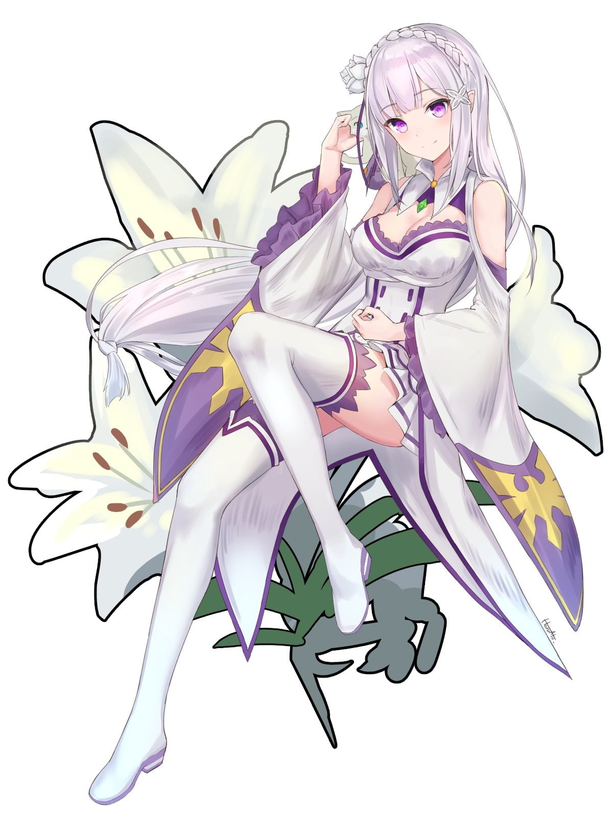 720P, anime girls, white dress, purple eyes, Re:Zero Kara Hajimeru Isekai Seikatsu, pointed ears, anime, white background, thigh-highs, heels, Emilia (Re: Zero), Phone HD Wallpaper