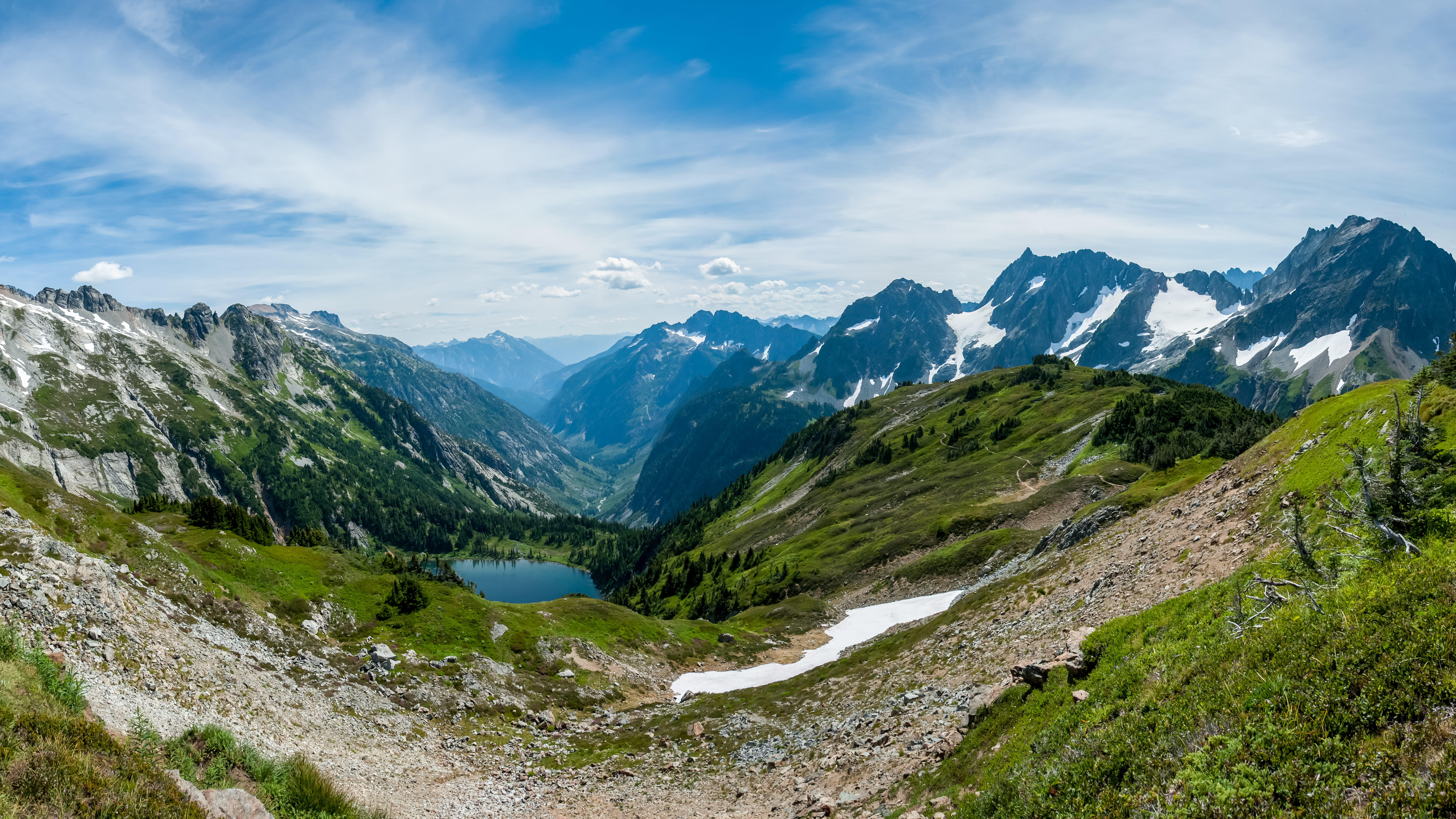 near, cloudy, beauty in nature, rock, reflection, blue, mountain, panaroma, nature, landscape, ground, green, land, cloud - sky, high re, tranquil scene, HD Wallpaper
