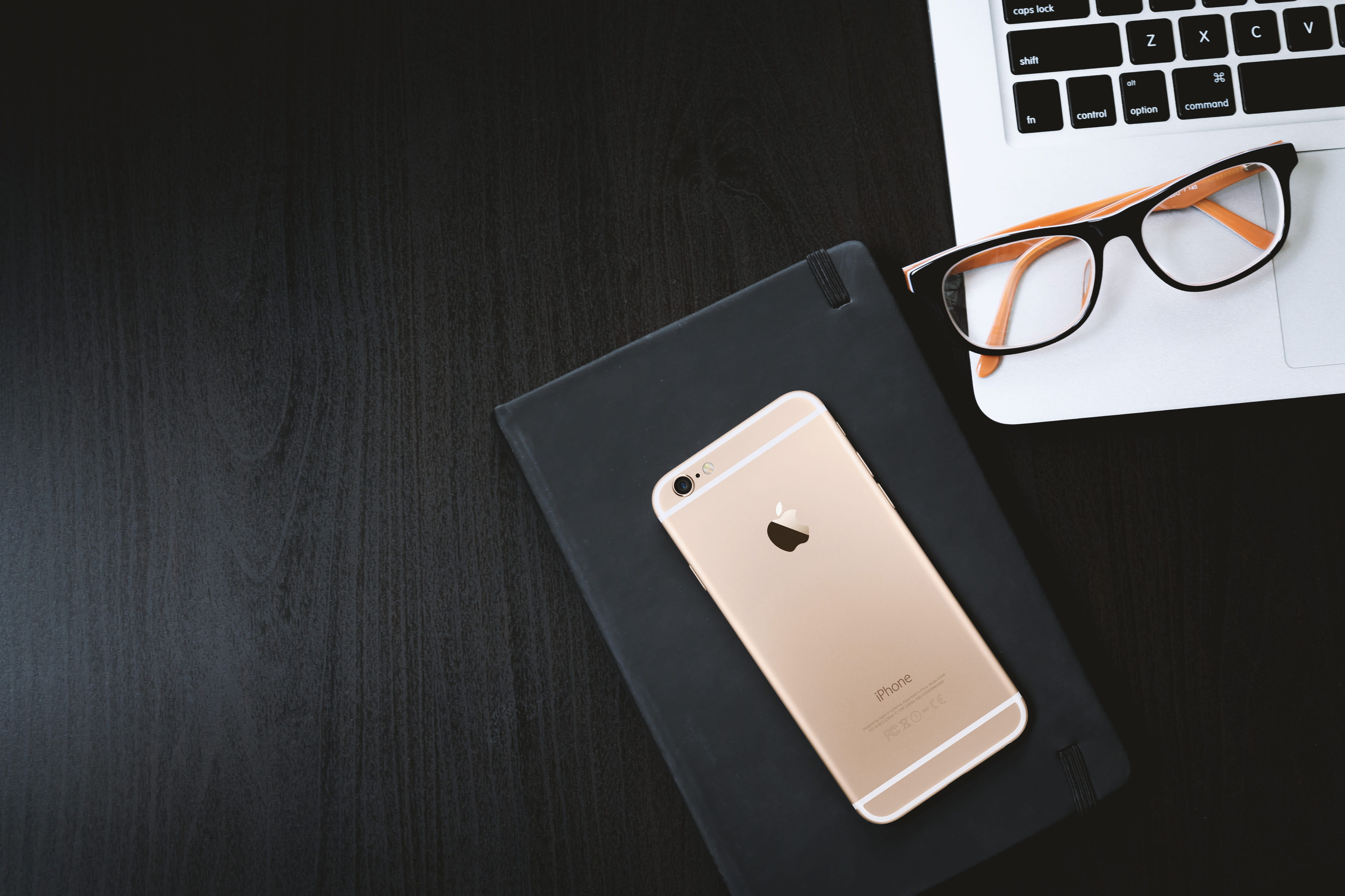table, computer equipment, computer, eyeglasses, 4K, glasses, black background, portable information device, wood - material, working, personal accessory, HD Wallpaper