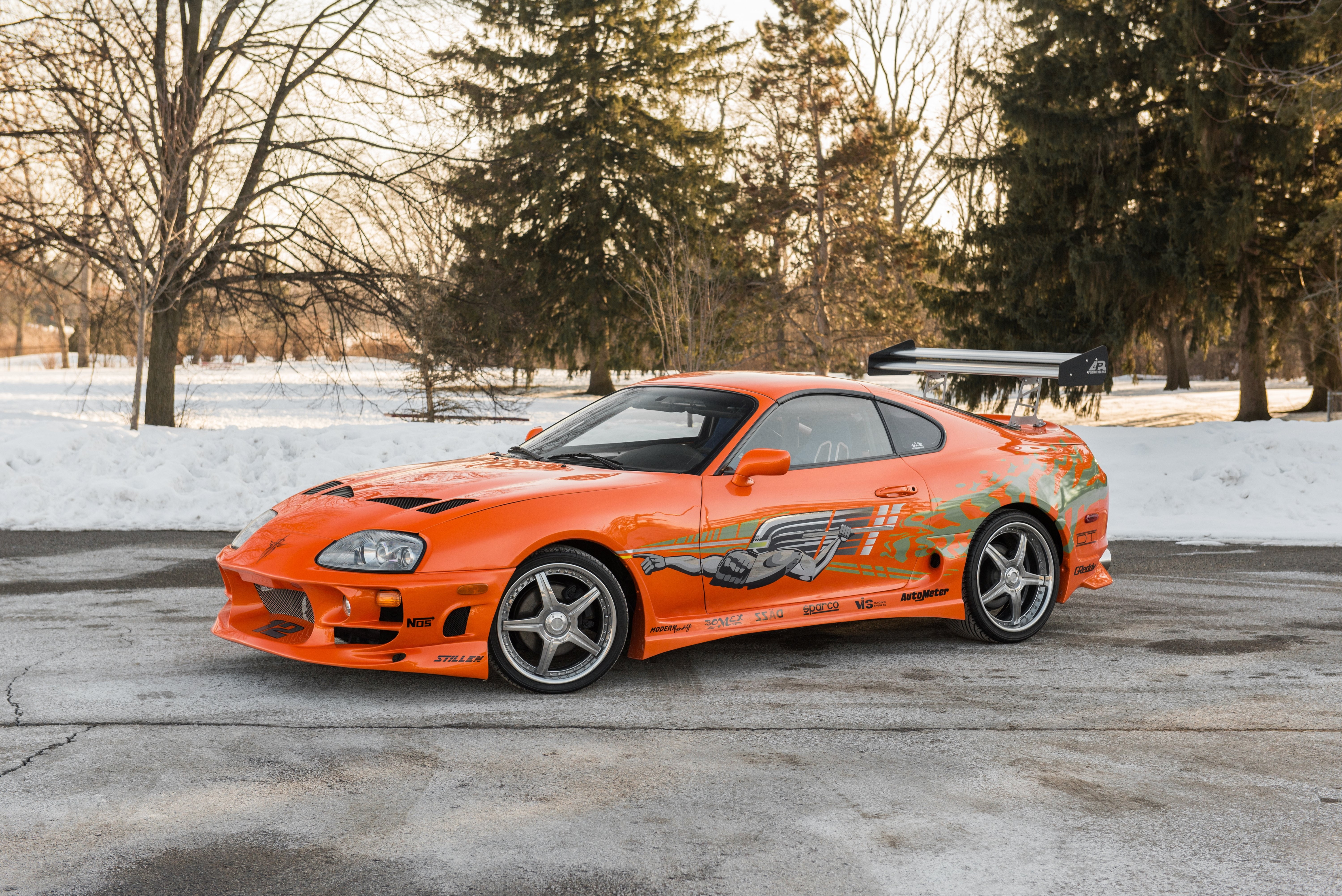 toy car, winter, tree, toyota supra, orange, snow, Vehicle, racing, 5K, vintage car, outdoors, stationary, day, land vehicle, retro styled, cold temperature, HD Wallpaper