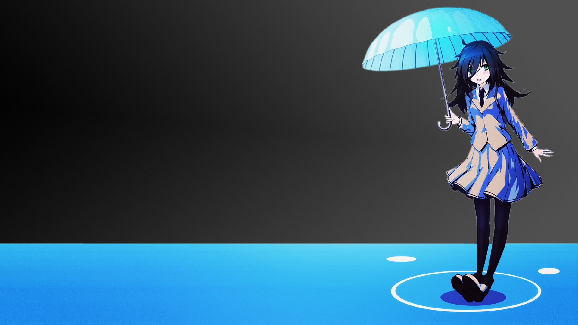 long hair, anime girls, green eyes, Watashi ga Motenai no wa Dou Kangaetemo Omaera ga Warui!, cyan, school uniform, Kuroki Tomoko, umbrella, simple background, HD Wallpaper