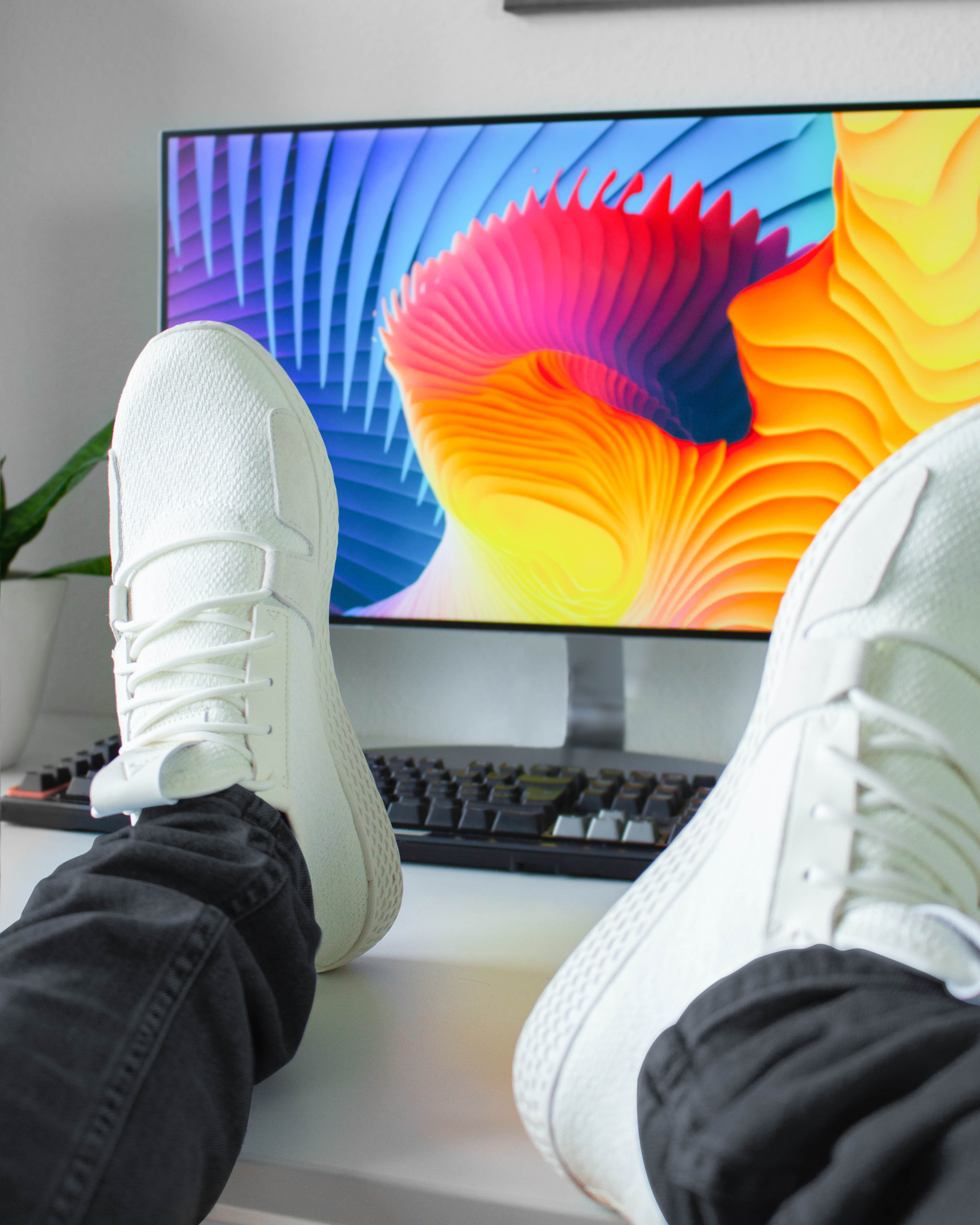 human limb, lifestyles, screen, human leg, sock, computer keyboard, adidas, apparel, day, casual clothing, unrecognizable person, computer, body part, indoors, Phone HD Wallpaper