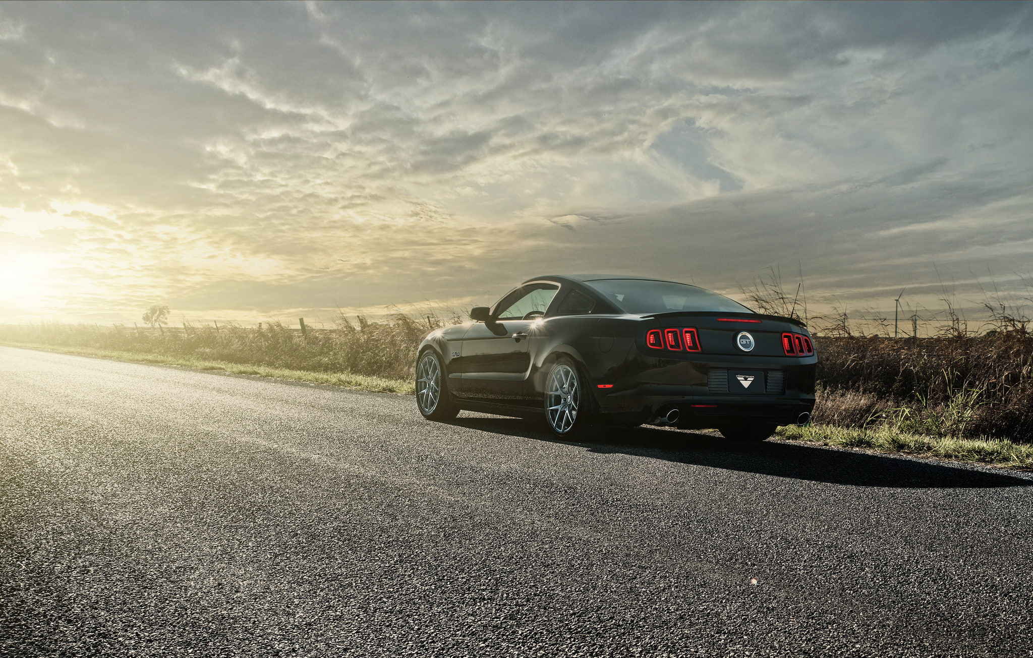 5.0, rear, sun, black, 1080P, Ford, road, Mustang, HD Wallpaper