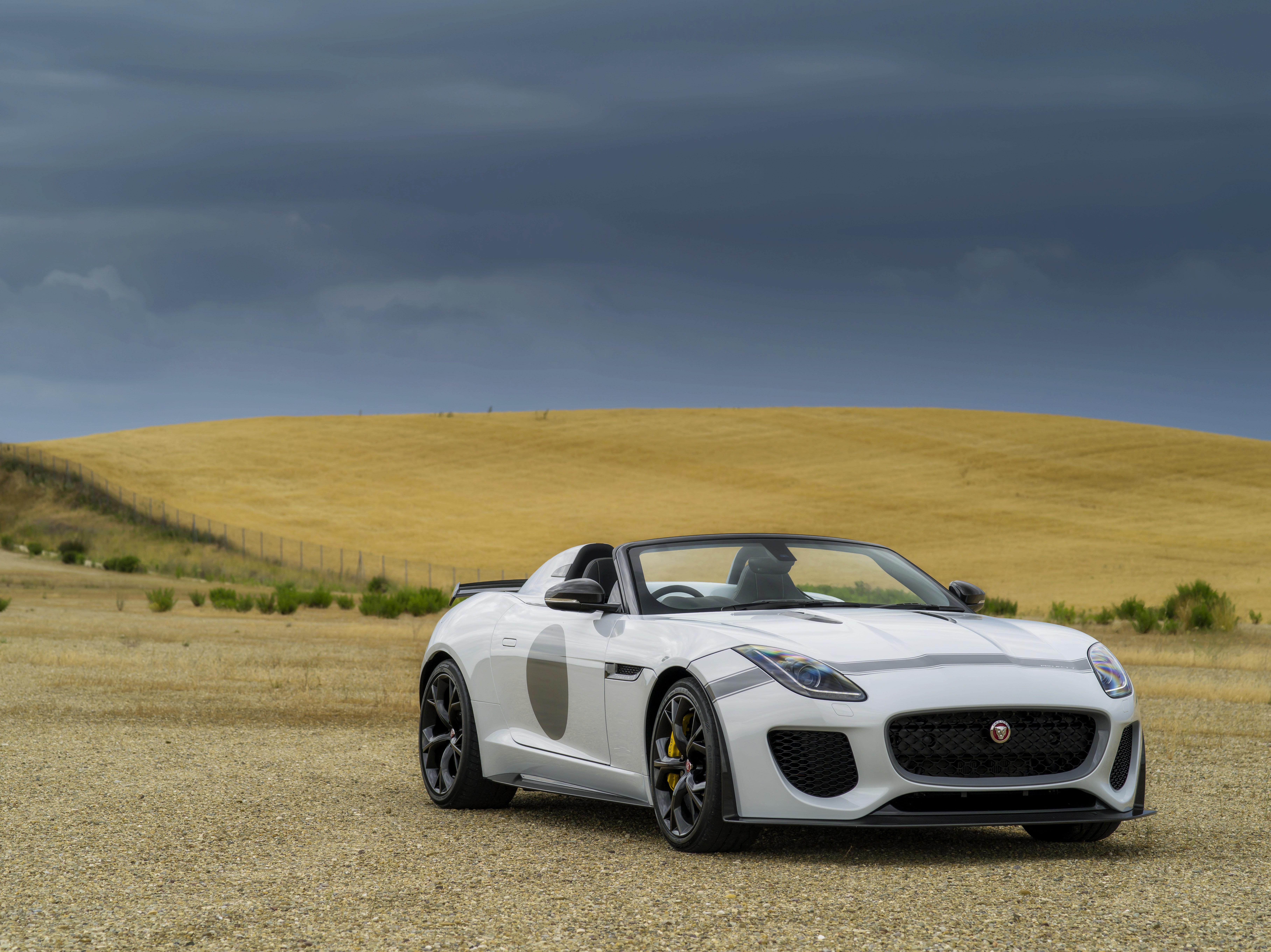 V8, field, F-Type Project 7, 5K, hill, Jaguar, 575 HP, overcast, 5.0 L., plain, white, HD Wallpaper