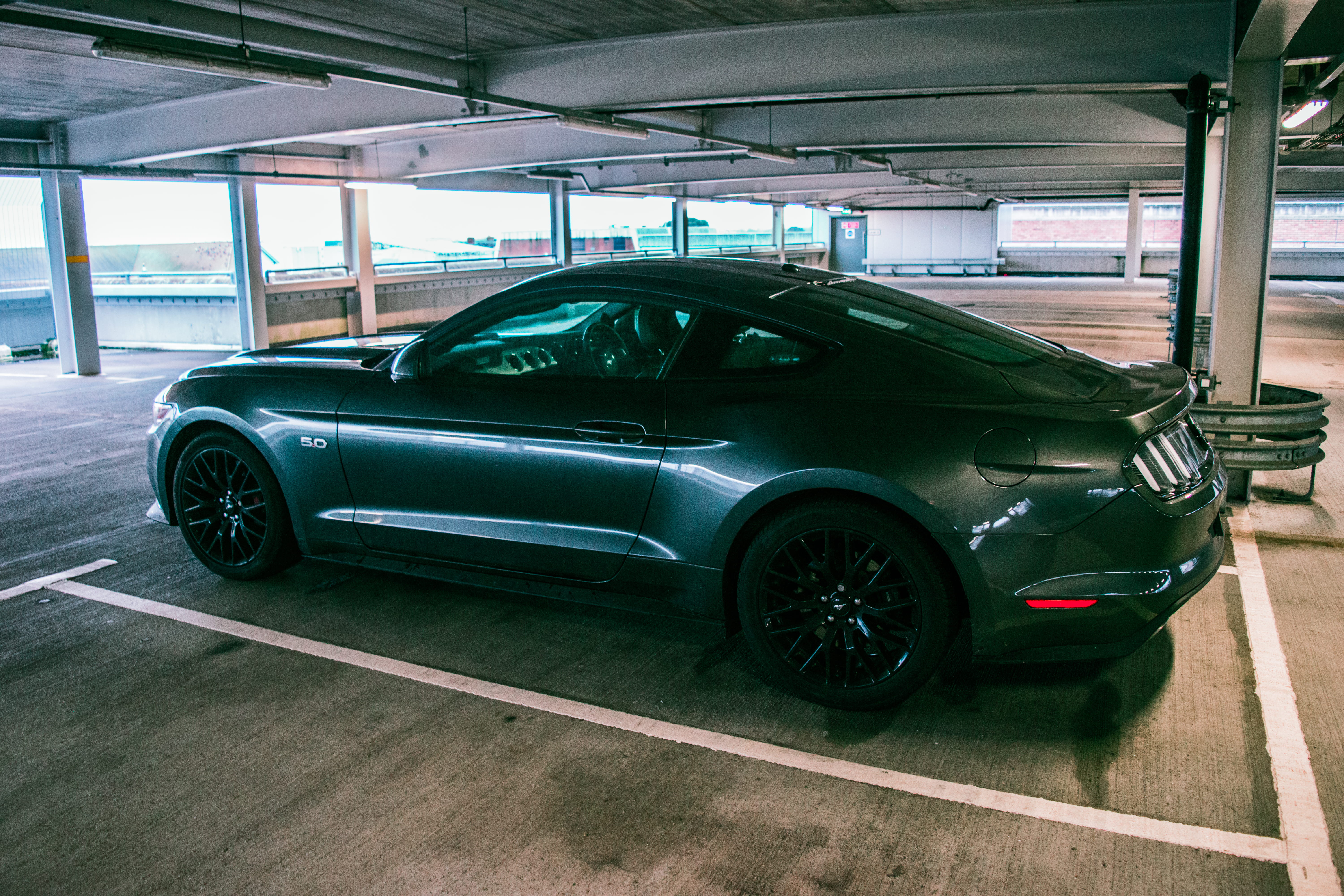 transportation, day, multistory, garage, built structure, vintage car, grey, indoors, lighting, ford car, 5.0, city, v8, day time, motor vehicle, parking lot, HD Wallpaper