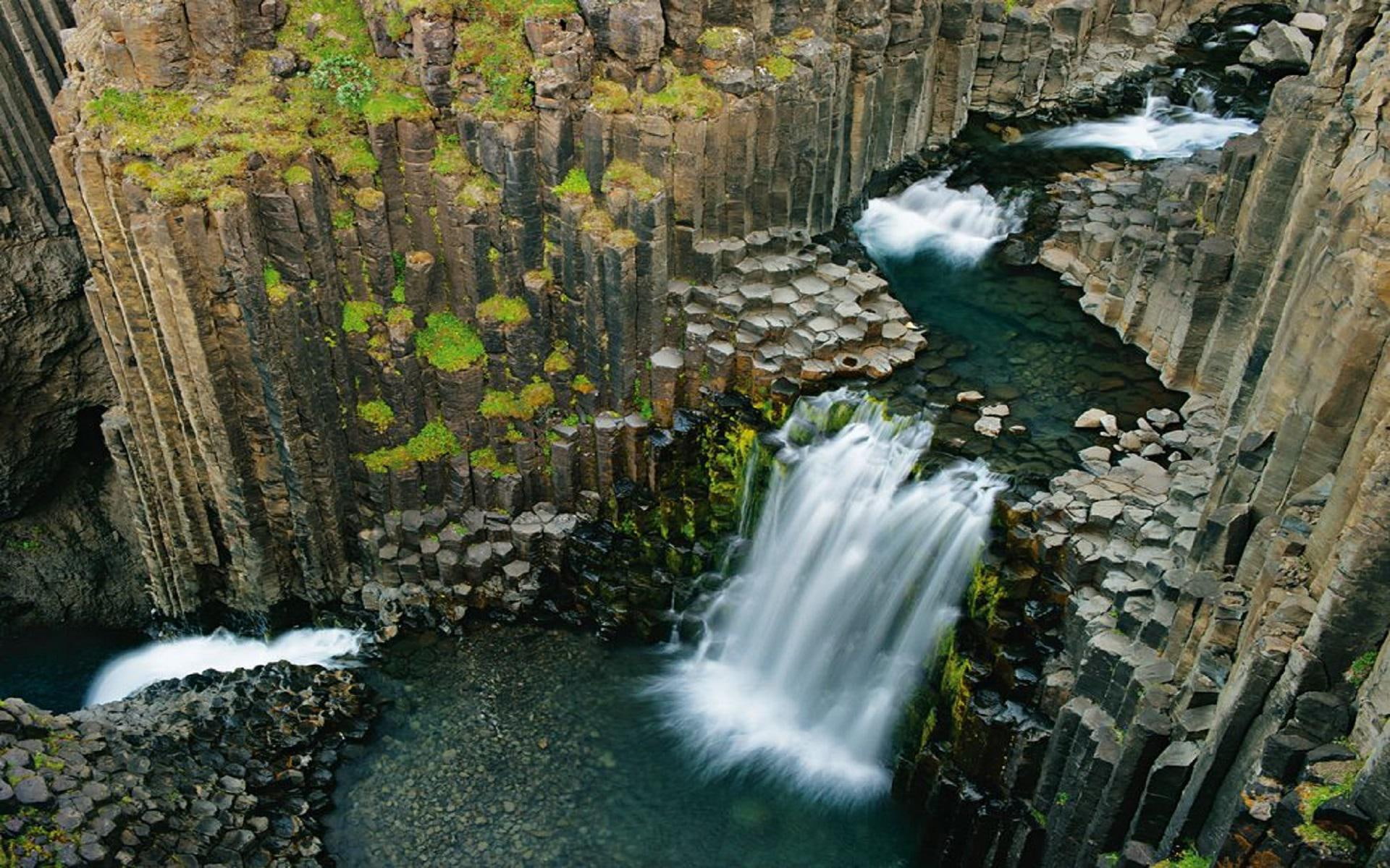 iceland, cascade, 1080P, litlanesfoss, stunning, rock, hd, basalt, pillars, waterfall, hexagonal, HD Wallpaper