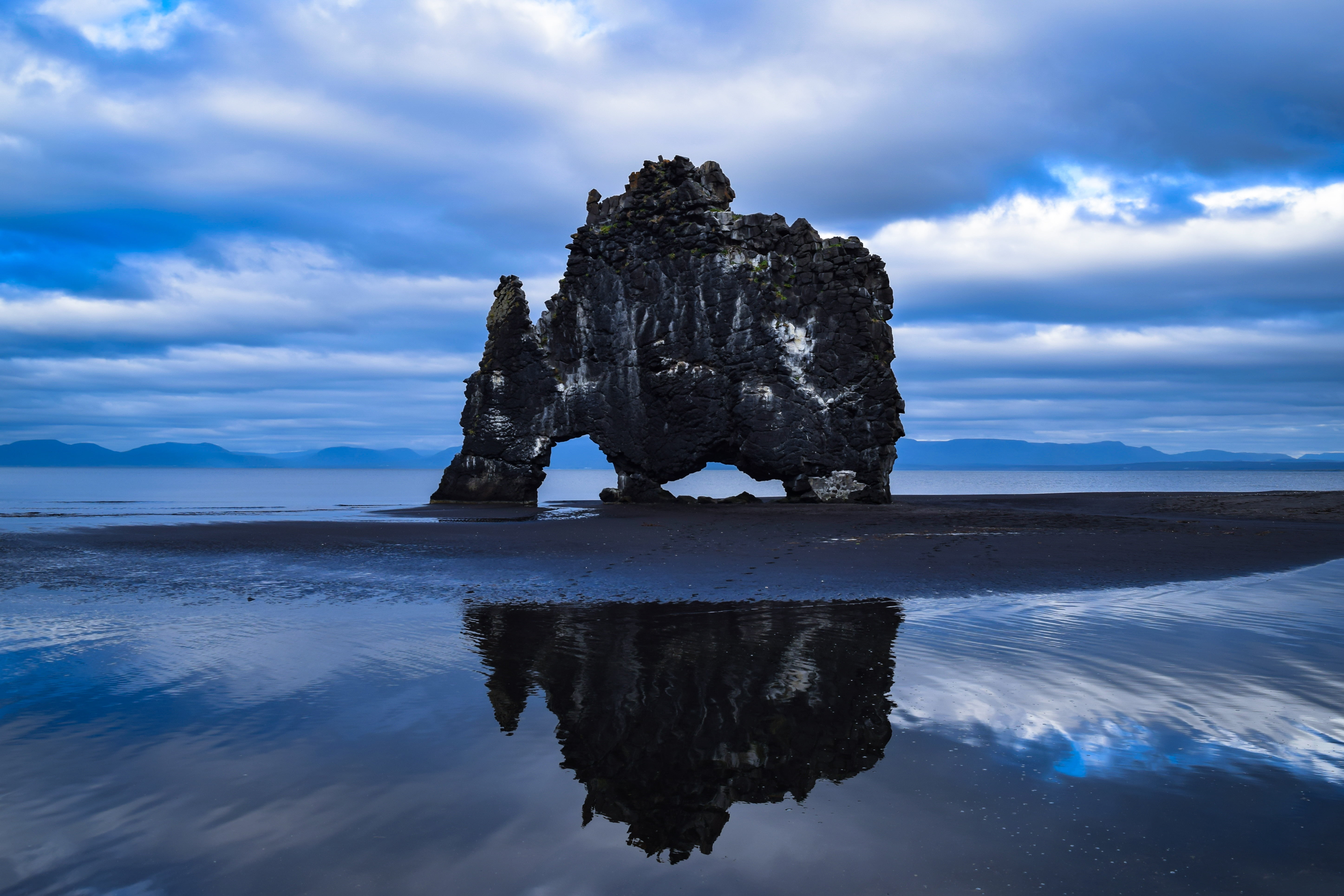 non-urban scene, sky, solid, tranquility, eroded, waterfront, 5K, hvitserkur, beauty in nature, tranquil scene, scenics - nature, cloud - sky, nature, HD Wallpaper