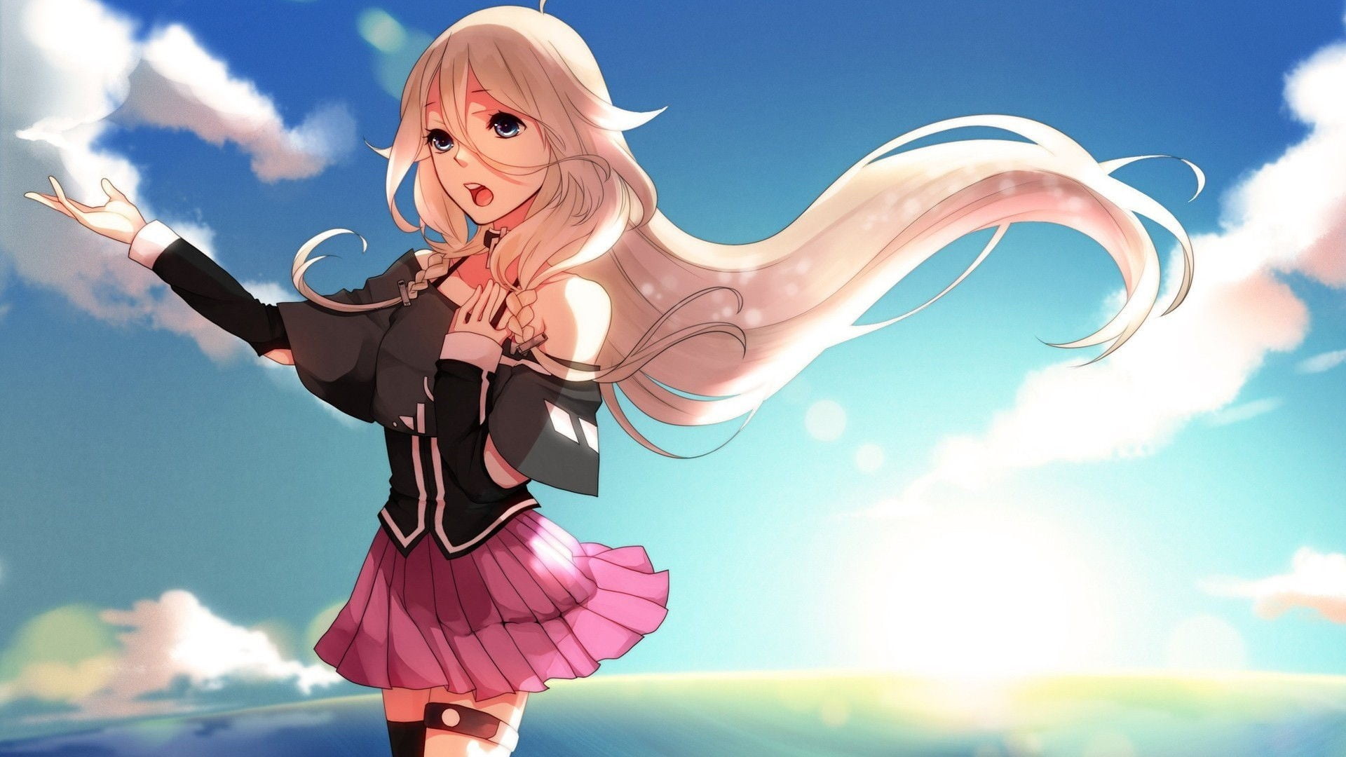 low angle view, females, flying, emotion, outdoors, blue, one person, day, fashion, 1080P, anime, manga, adult, nature, hair, cloud - sky, sunlight, women, HD Wallpaper