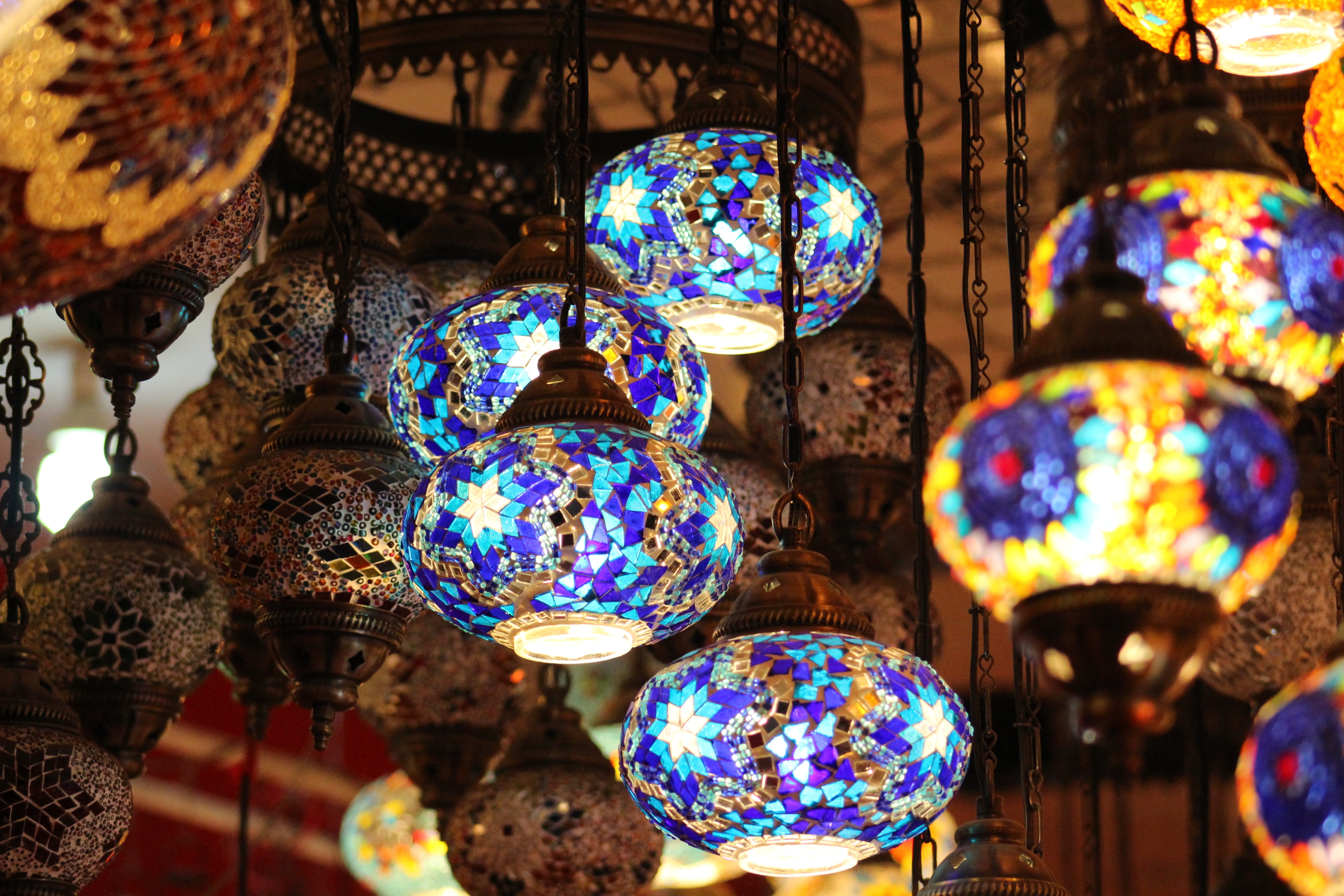 bright, glass items, large group of objects, design, choice, traditional, close-up, item, party, illuminated, for sale, hanging, celebration, market, variation, HD Wallpaper