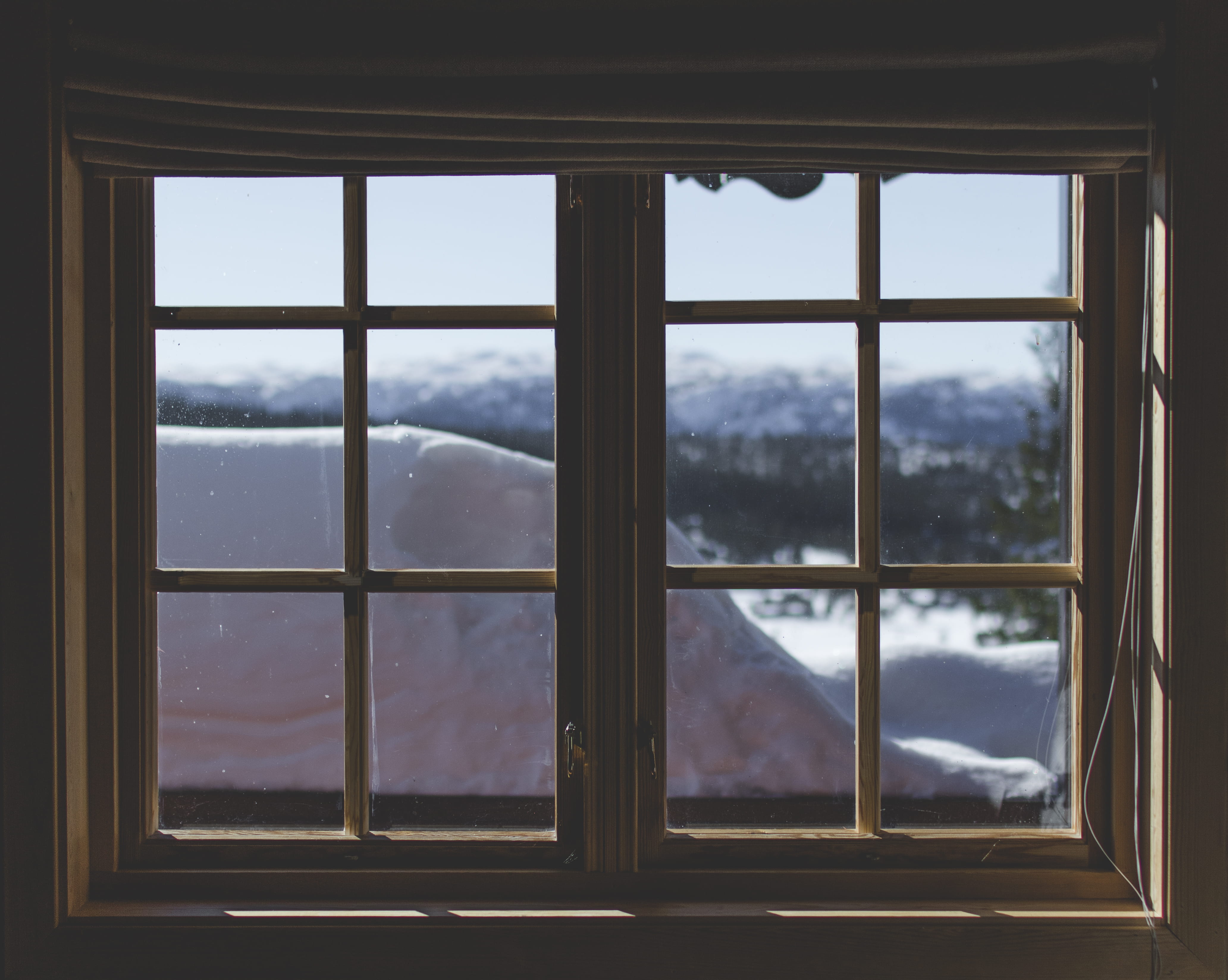 cloud - sky, close-up, panes, glass - material, tree, sky, architecture, winter, interior, daylight, day, 4K, two, bright, window frame, snow, snow capped mountains, HD Wallpaper