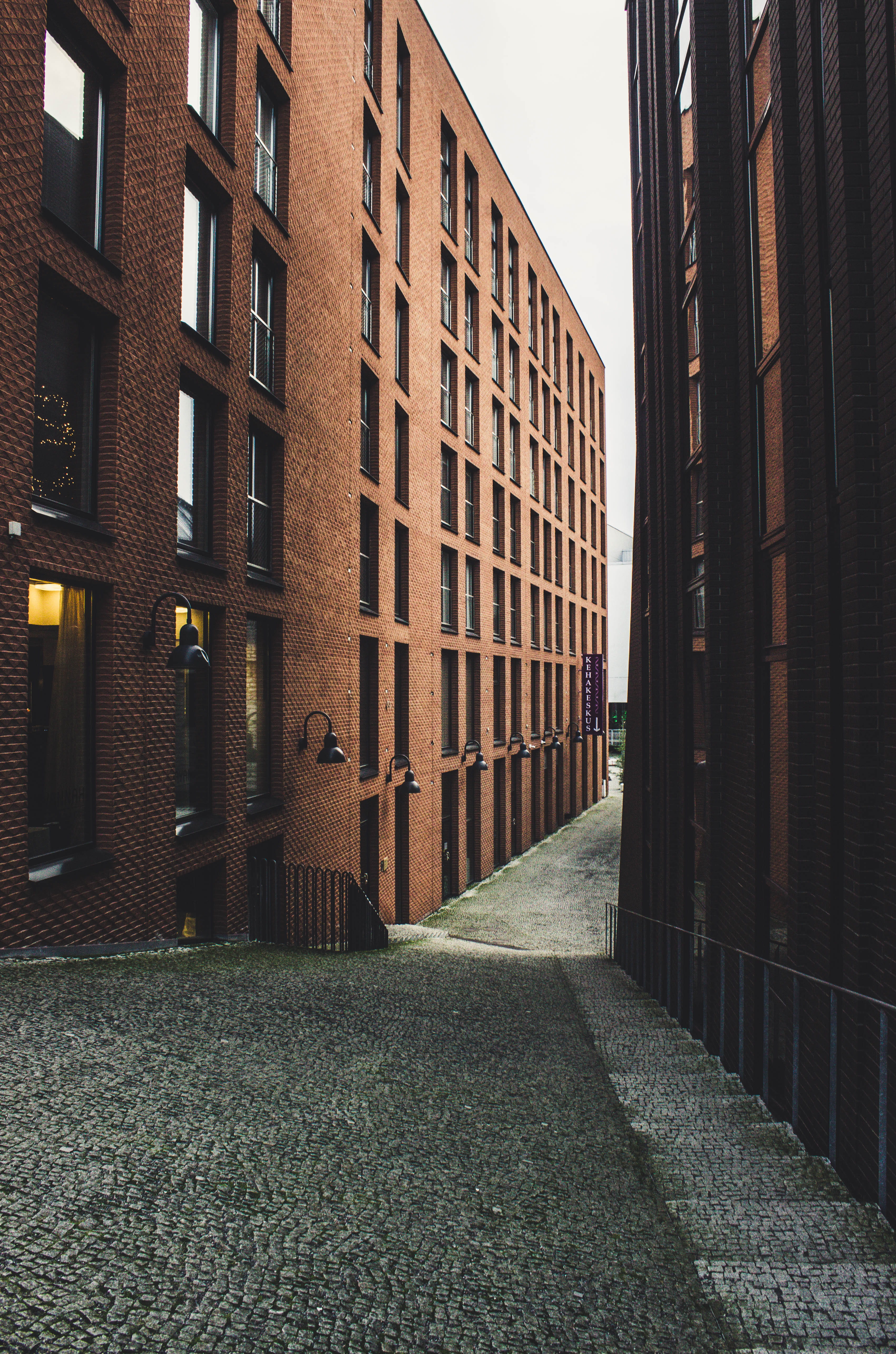 alley, windows, the way forward, sky, narrow, lights, diminishing perspective, concrete, daylight, brown, bricks, built structure, footpath, day, urban, Phone HD Wallpaper