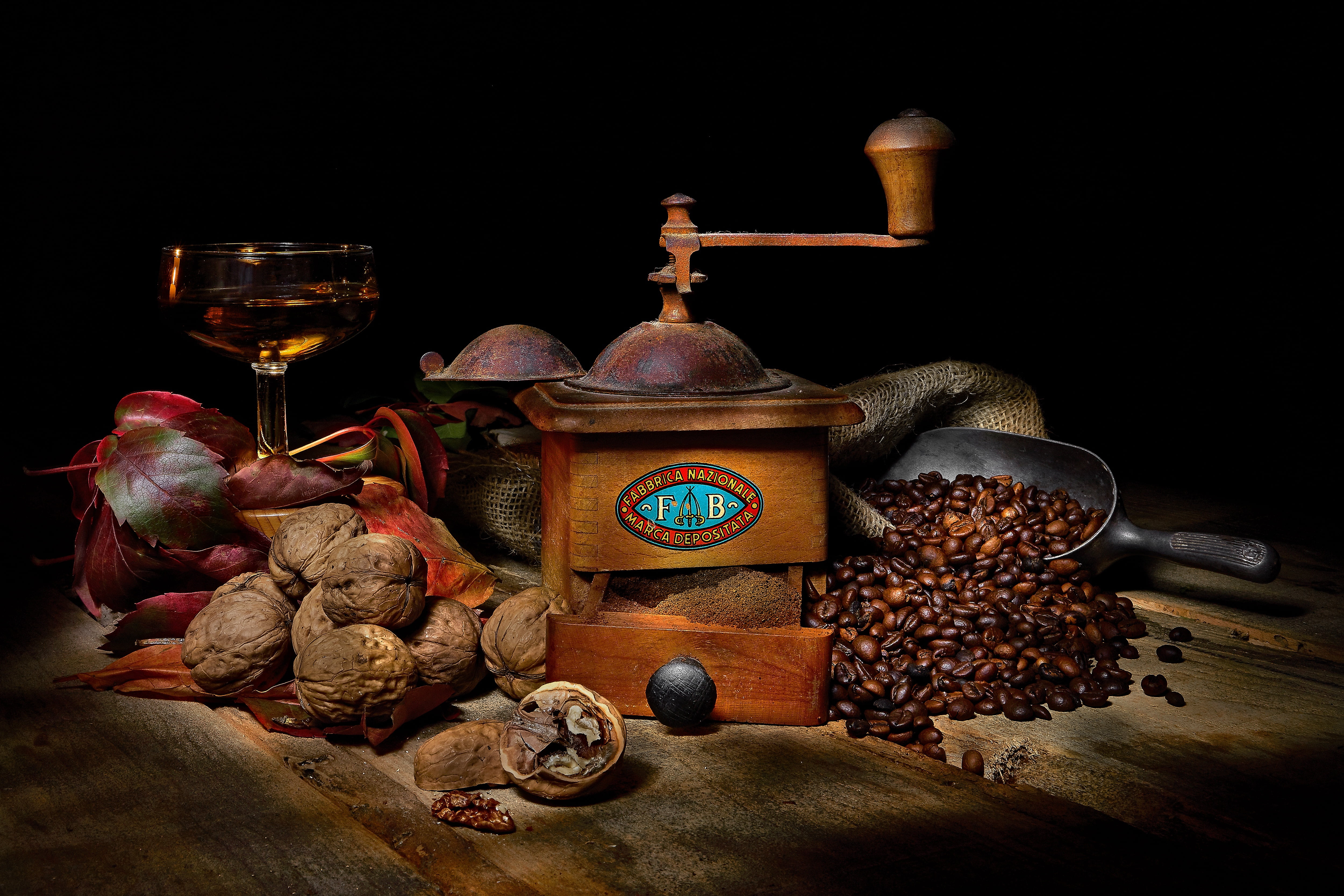 food, items, composition, 4K, still life, glass, walnut, nuts, black background, coffee beans, coffee grinder, wine, coffee, HD Wallpaper
