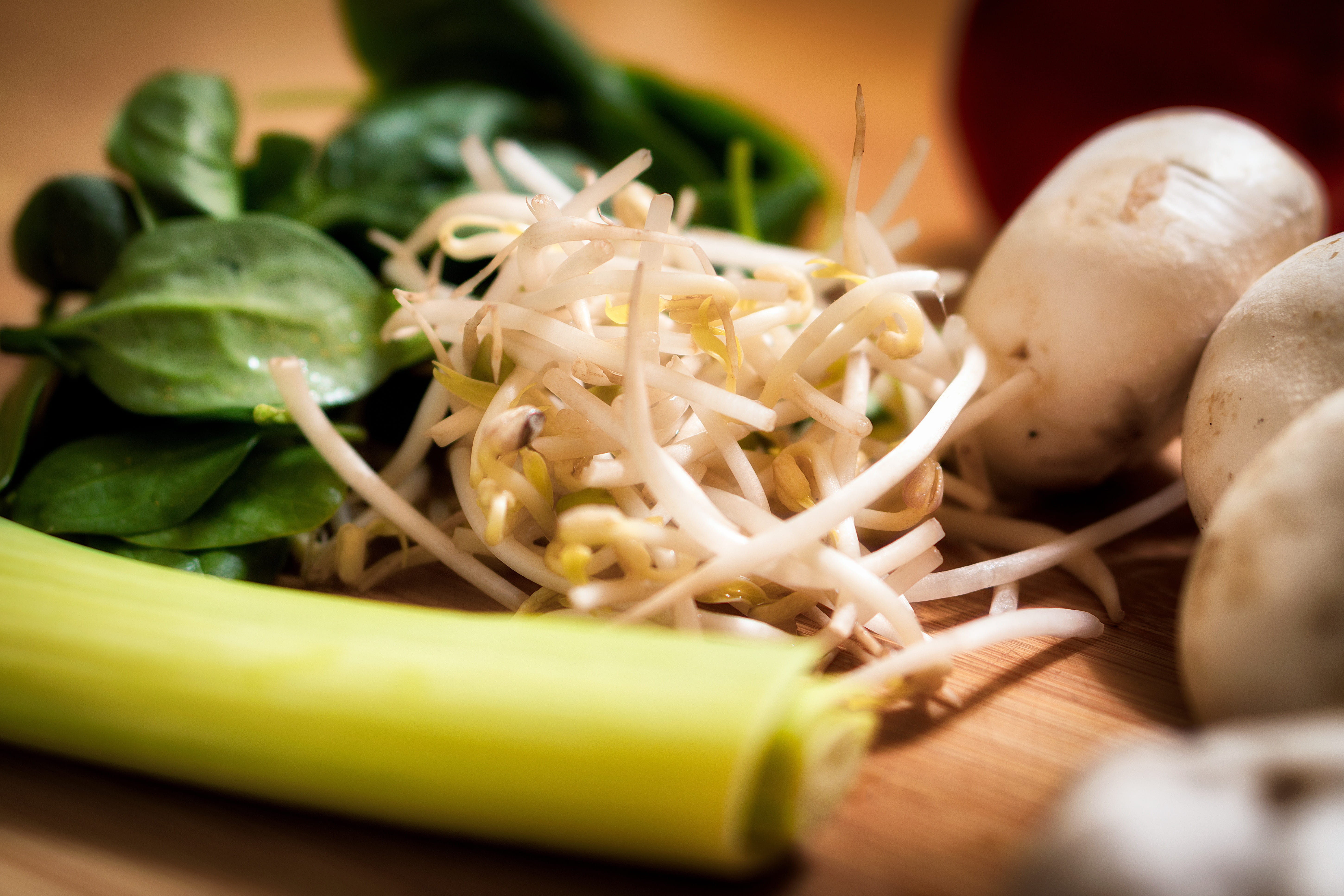 veggies, cutting board, selective focus, still life, 5K, Food, italian food, green stuff, freshness, bean sprouts, white, diet, leaves, Fresh, bean, Diet, HD Wallpaper
