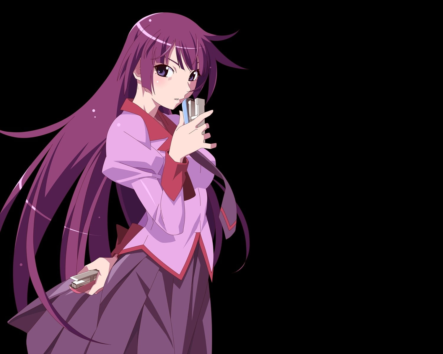 beauty, Stapler, standing, fashion, beautiful woman, Girl, Bakemonogatari, indoors, young adult, adult, women, young women, 720P, studio shot, Pink hair, HD Wallpaper