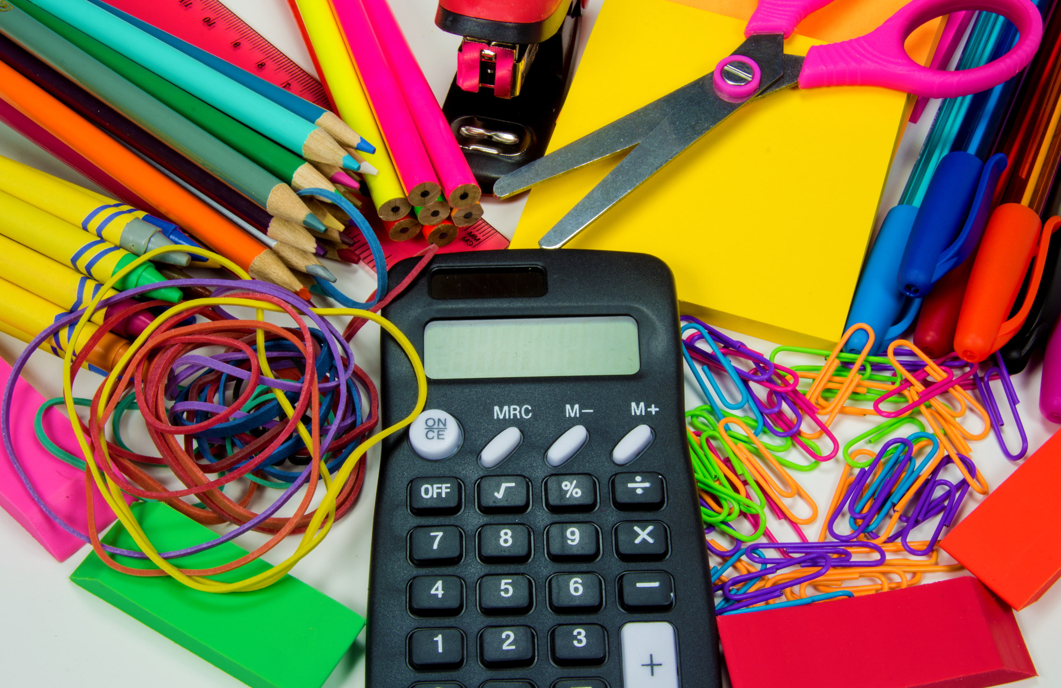 scissors, clip, eraser, gum, handle, accessories, line, school, pencils, calculator, 2K, stapler, HD Wallpaper