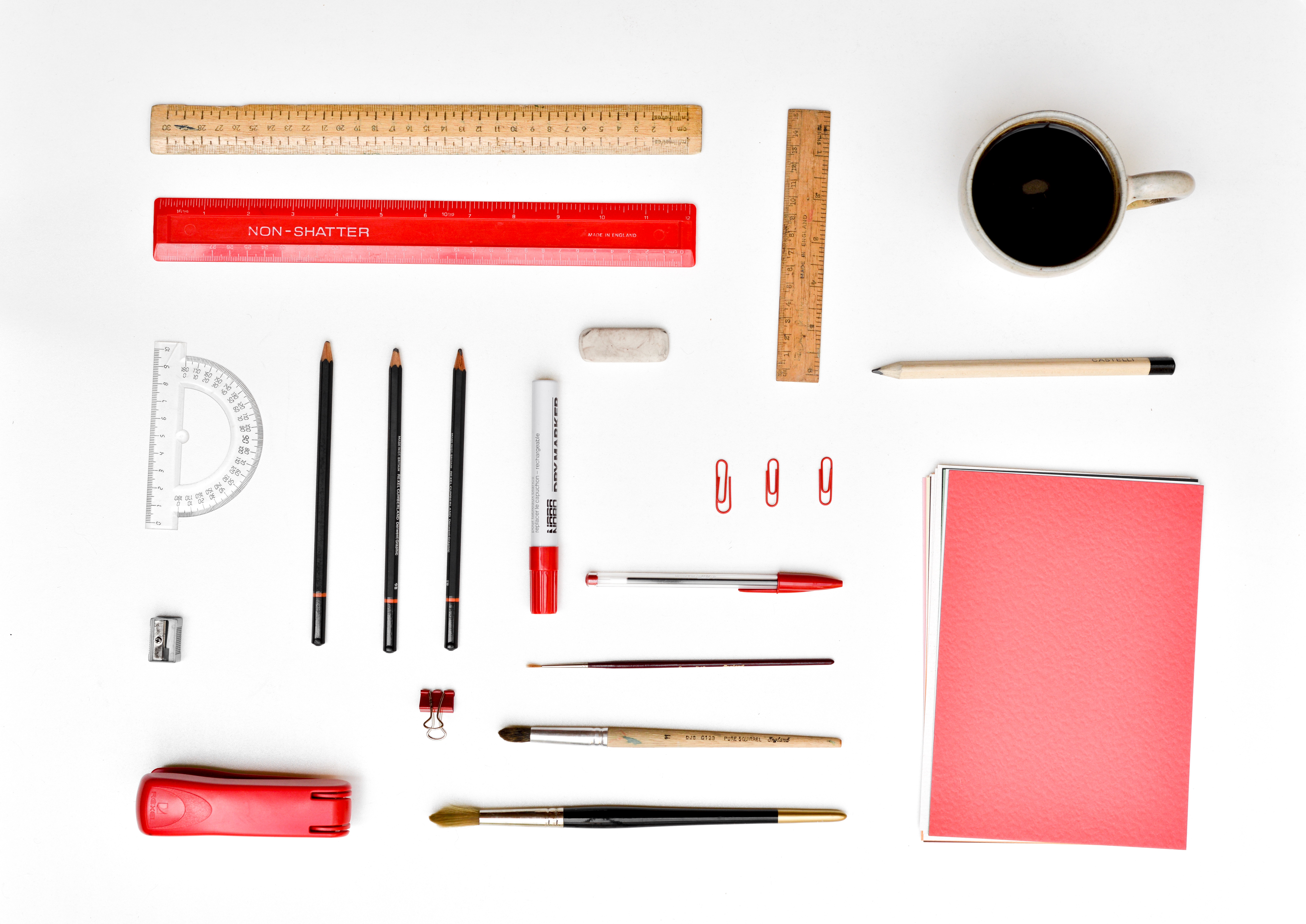 coffee, ruler, arrangement, blank, equipment, desk, set, cut out, rubber, white, note pad, clips, personal Accessory, group of objects, rulers, stapler, HD Wallpaper