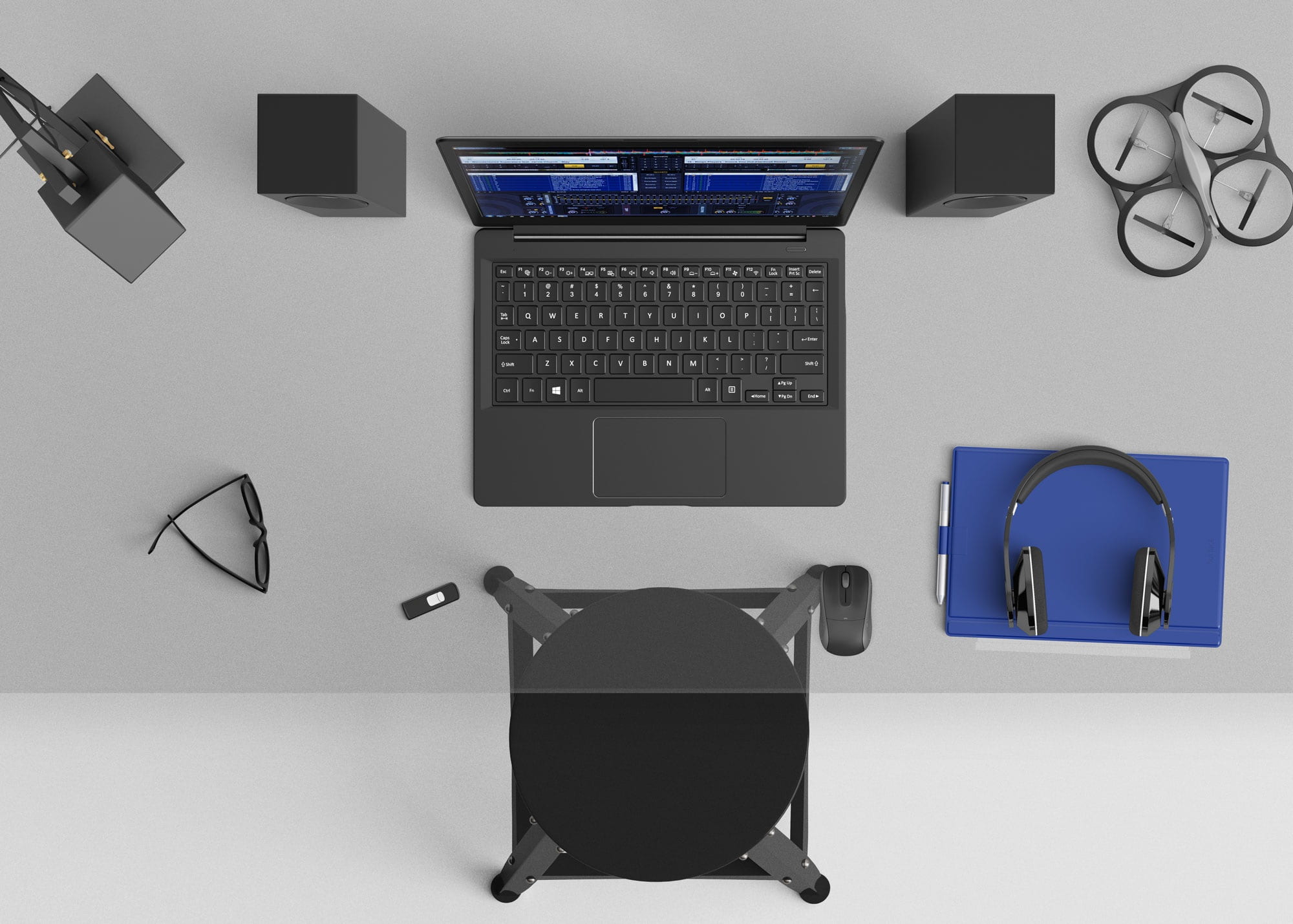 music, desk, chair, paper, computer keyboard, headphone, illustration, drone, communication, studio shot, modern, organized, business, laptop, stapler, HD Wallpaper