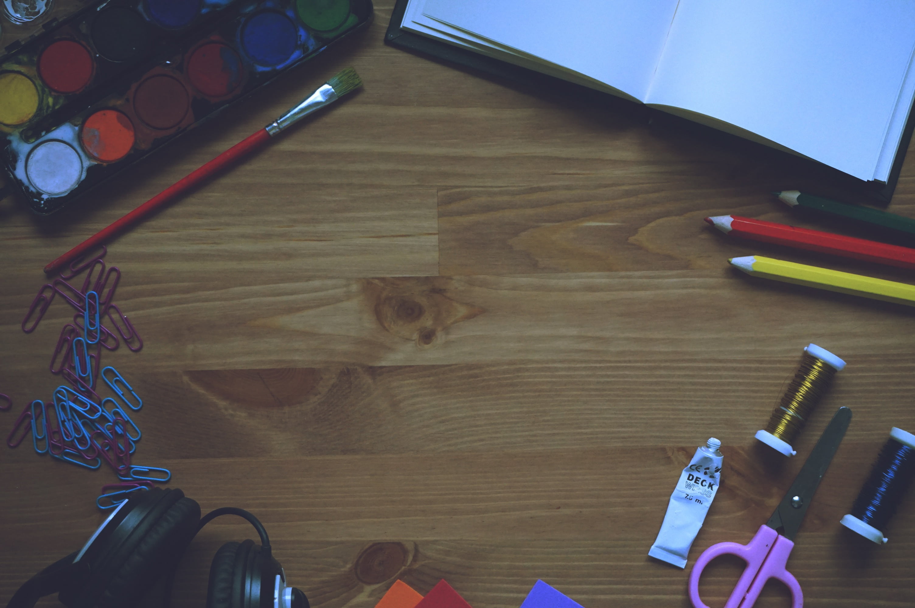 brush, writing instrument, high angle view, workspace, drawing, book, group of objects, pen, stapler, workplace, large group of objects, wood - material, HD Wallpaper