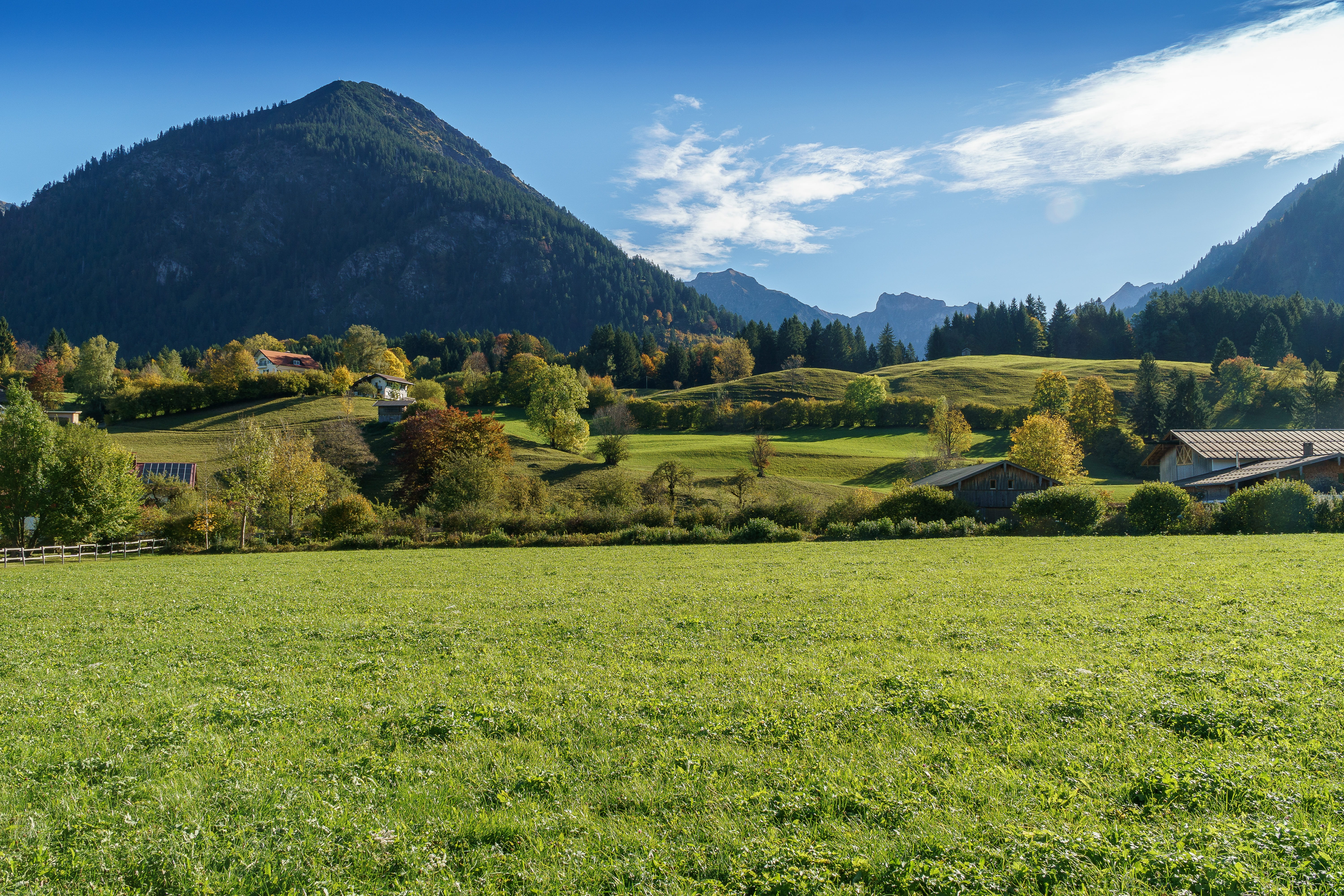 mountain panorama, grass, oberstdorf, tranquility, rural scene, mountain landscape, tranquil scene, grassy knoll, plant, alpine, tree, plain, mountains, HD Wallpaper