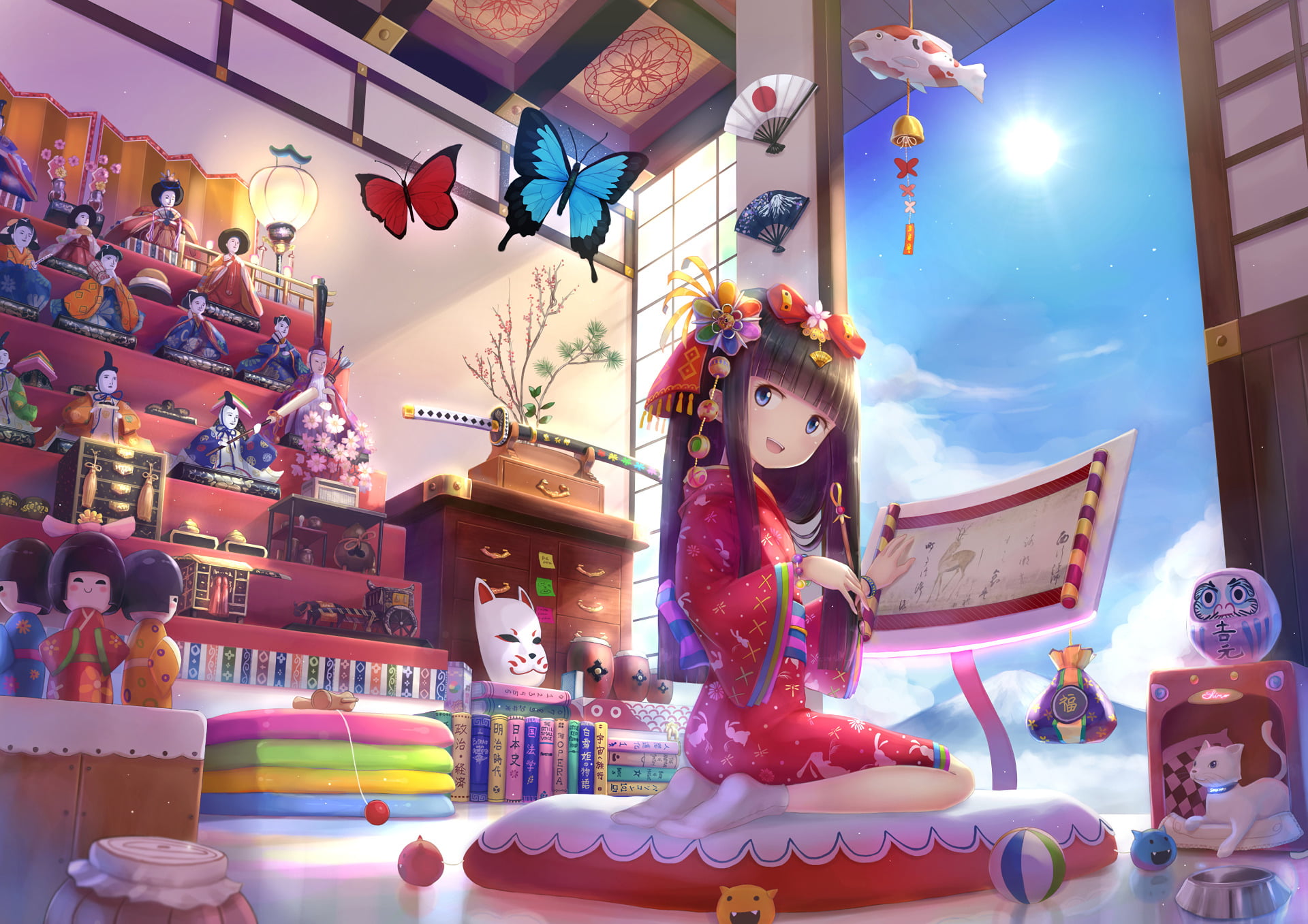 Original, Anime, Pen, Japanese Clothes, for sale, art and craft, lighting equipment, Black Hair, 1080P, built structure, architecture, Mask, Butterfly, HD Wallpaper