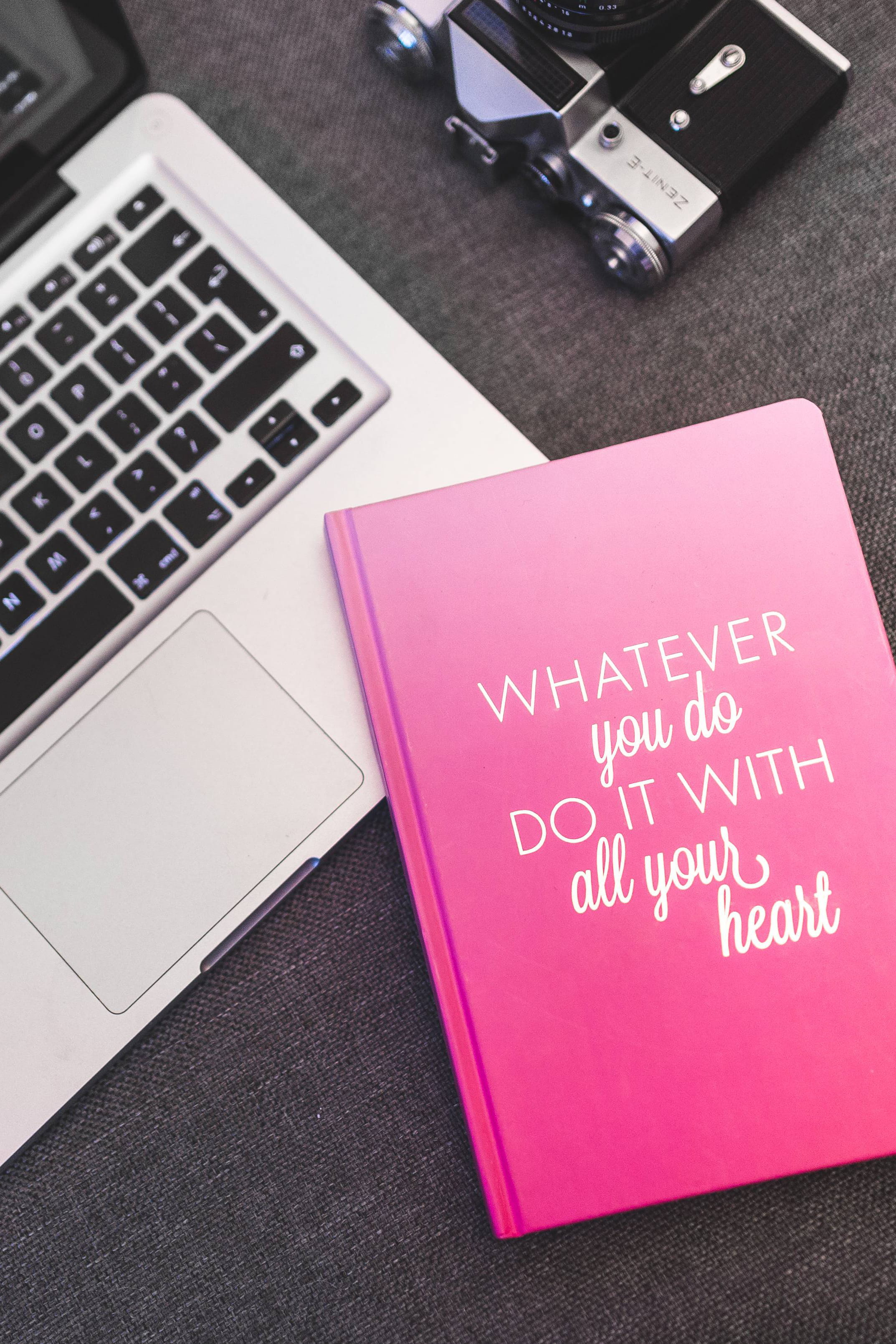 text, office, pen, notebook, table, camera, diary, connection, silver, paper, Pink, 2K, laptop, high angle view, message, technology, still life, business, Phone HD Wallpaper