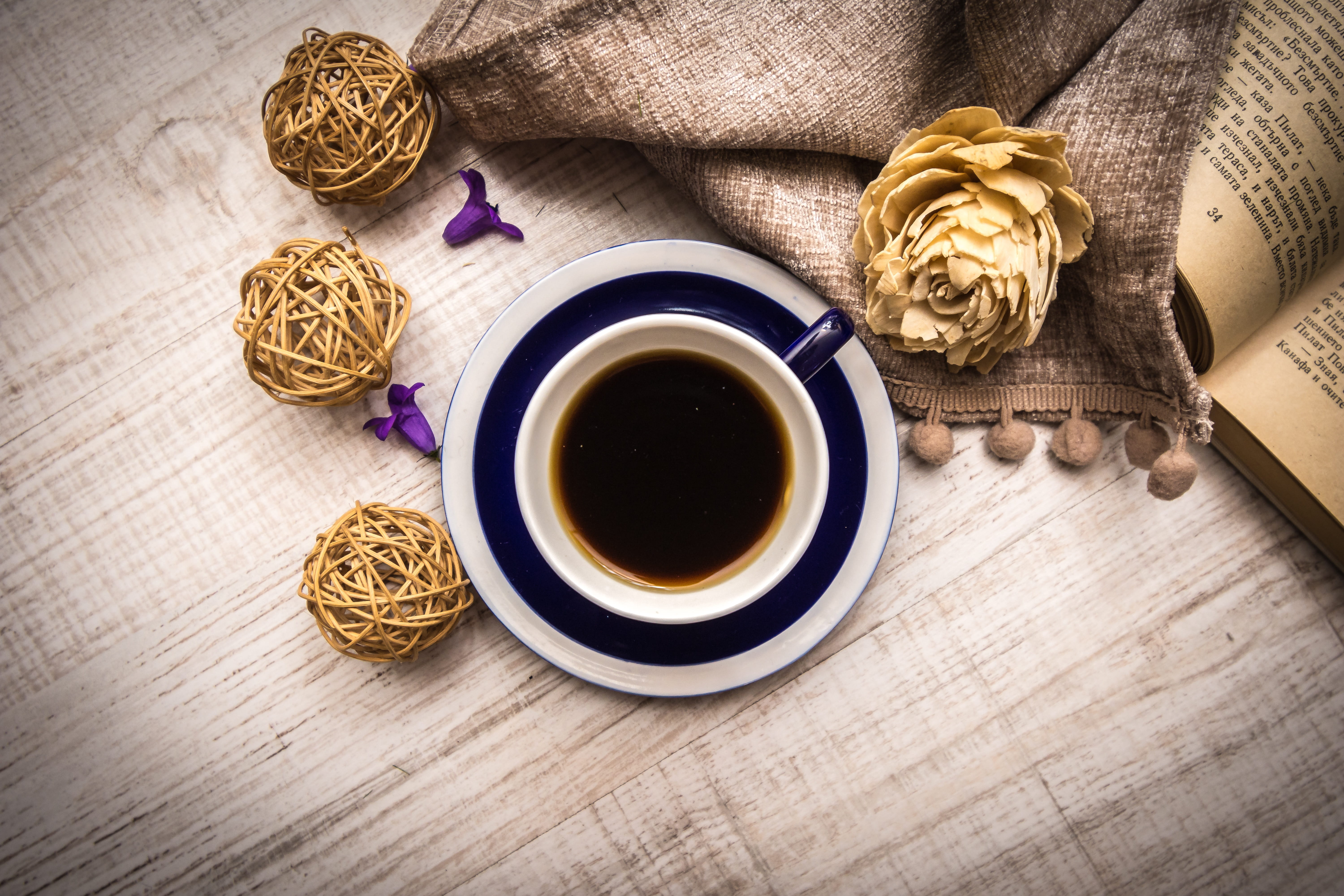 cup, flower, hot drink, candle, refreshment, flat, wooden, cafe, still life, tea cup, interior, tea - hot drink, holiday, drink, 5K, crockery, black tea, HD Wallpaper
