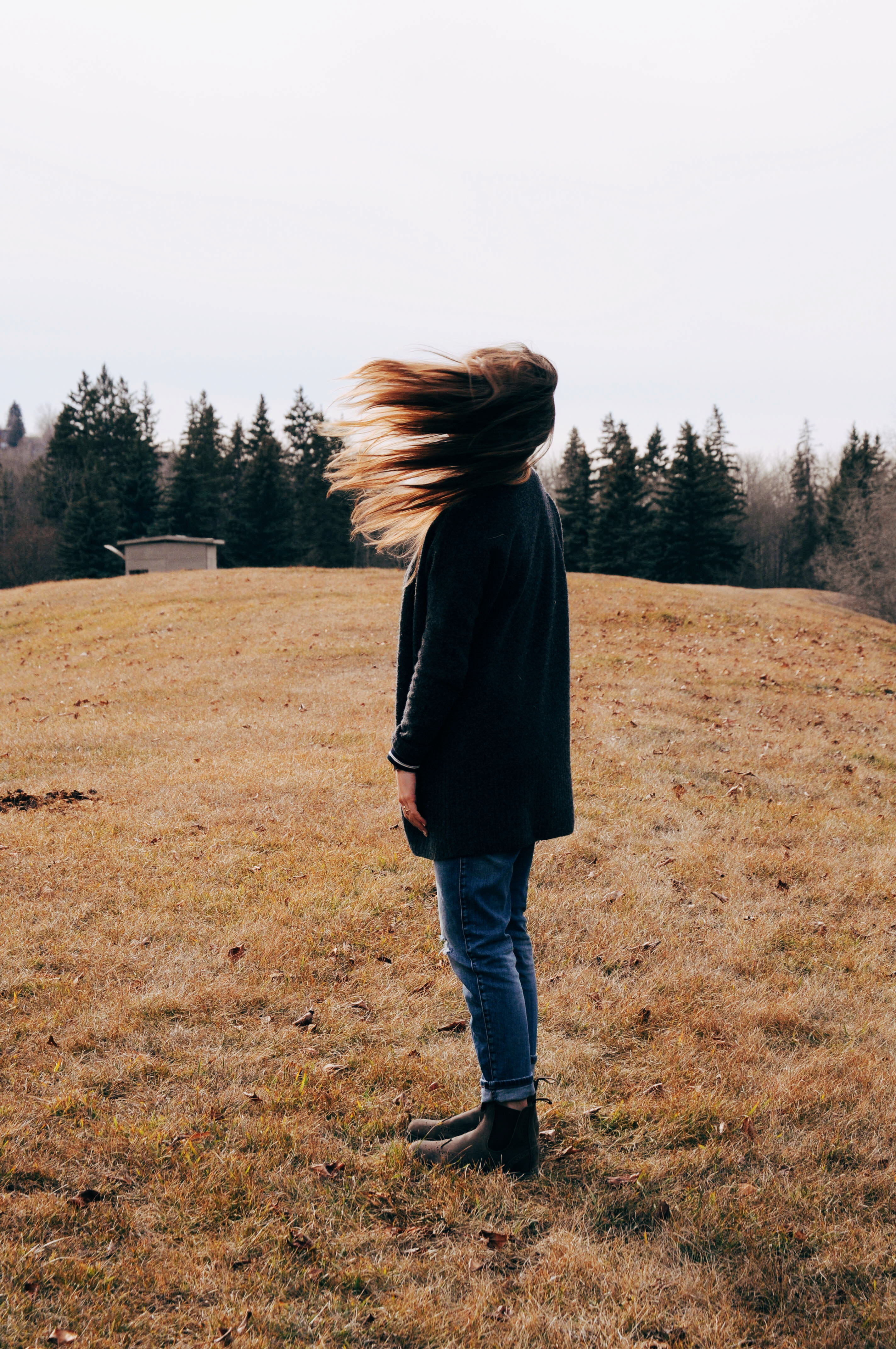 denim, sky, shirt, leisure activity, plant, wind, alone, lifestyles, land, outdoor, standing, fades, adults only, hairstyle, brown, pants, black, long, Phone HD Wallpaper