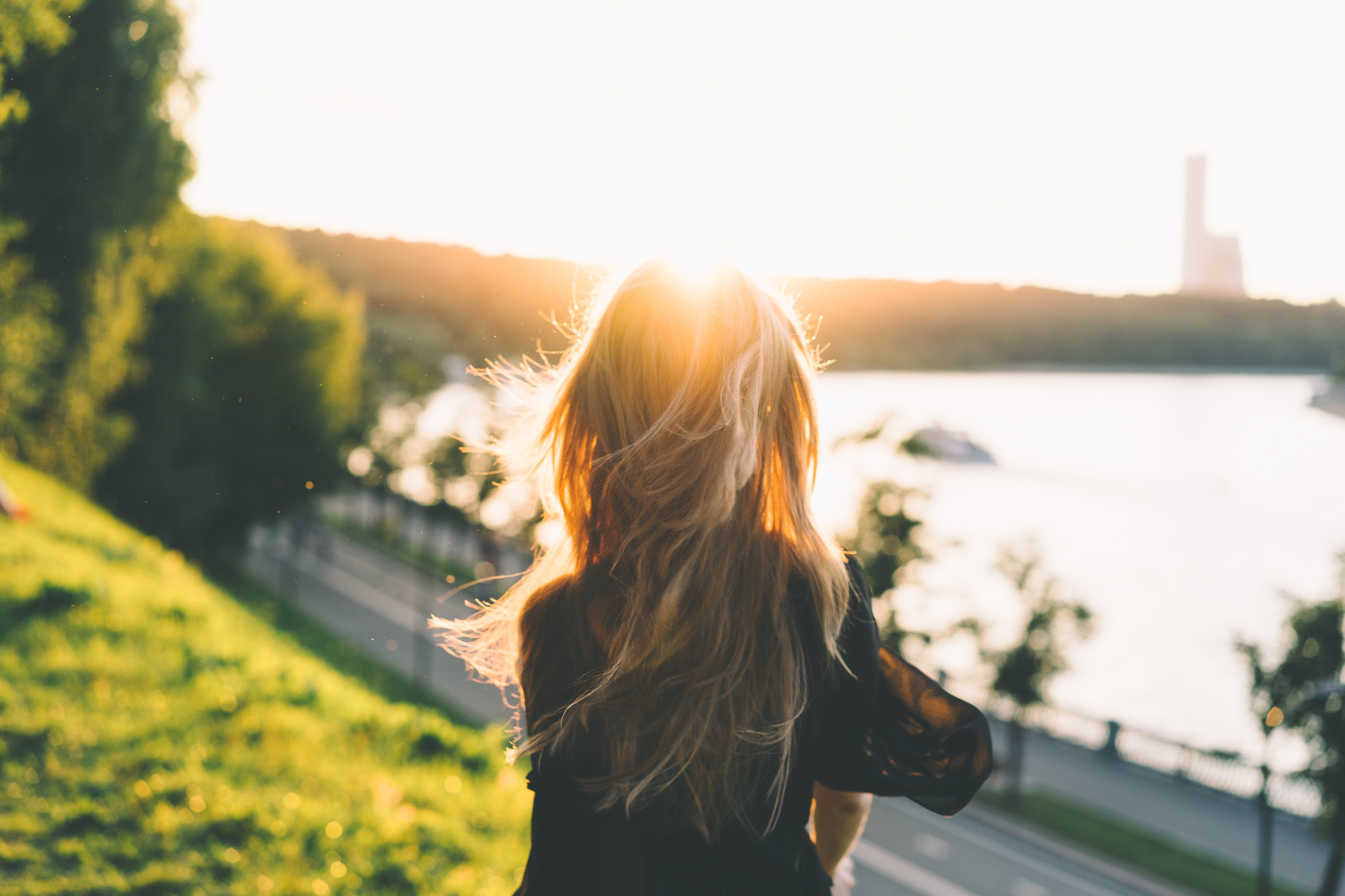 one Person, 5K, summer, contemplation, jacket, sky, casual Clothing, lens flare, hair, front, people, building, waist up, adult, leisure activity, young Women, HD Wallpaper