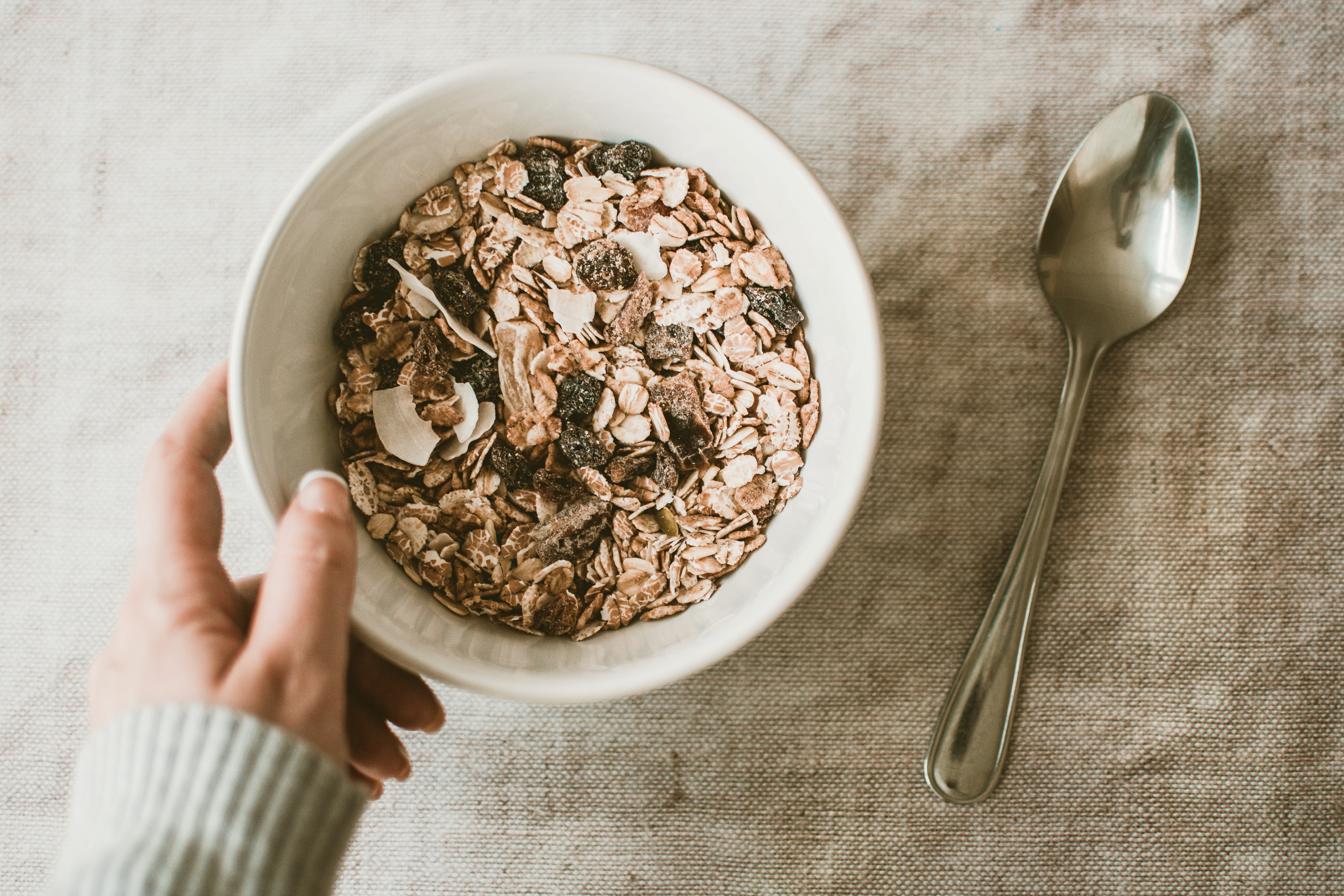 breakfast, flatlay, freshness, healthy eating, close-up, directly above, teaspoon, human hand, healthy lifestyle, 5K, spoon, indoors, table, wellbeing, HD Wallpaper