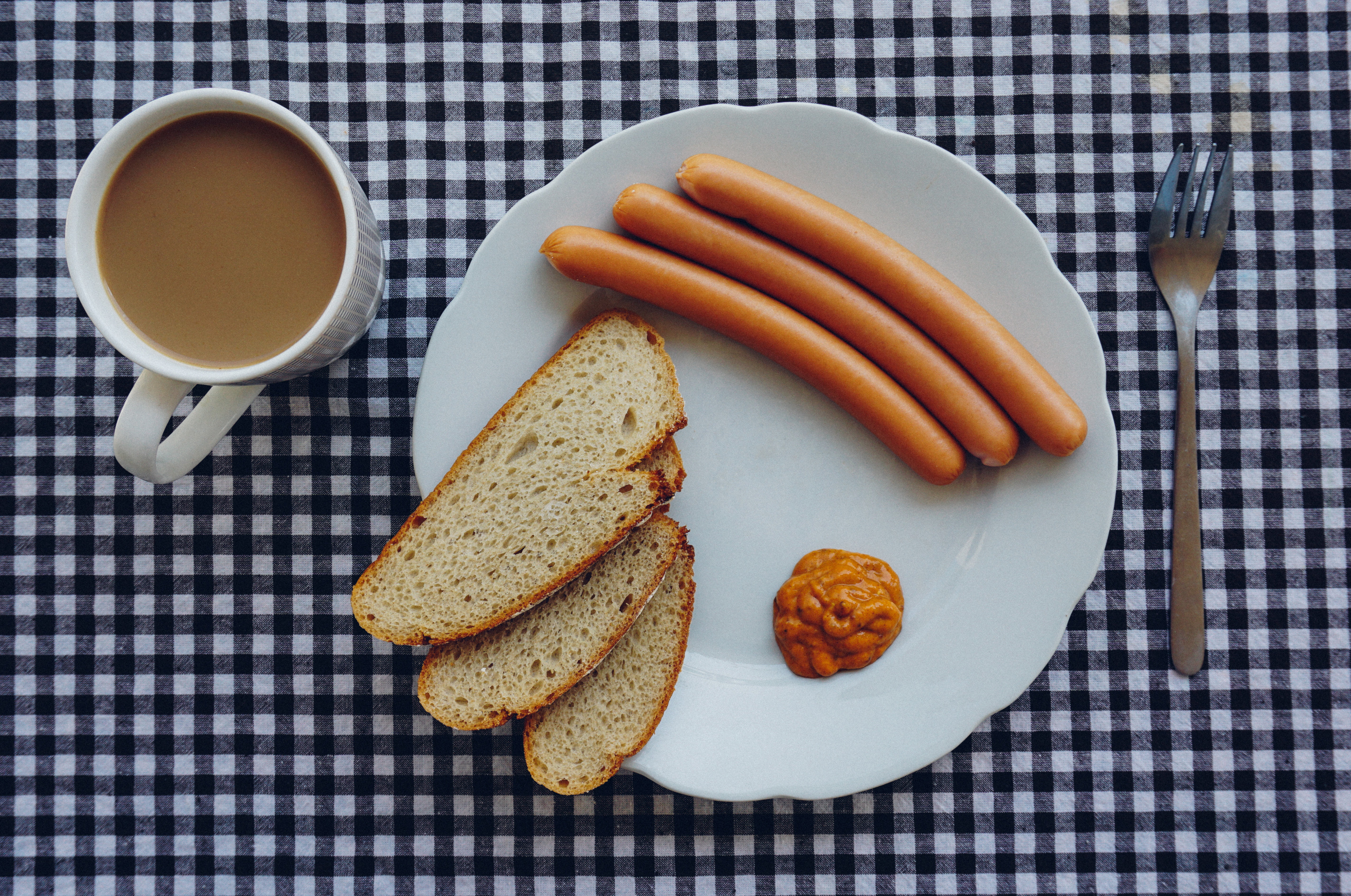 inside, lay, coffee, cup, freshness, healthy eating, photography, high angle view, fork, white, drink, coffee - drink, toast, top, food and drink, directly above, HD Wallpaper