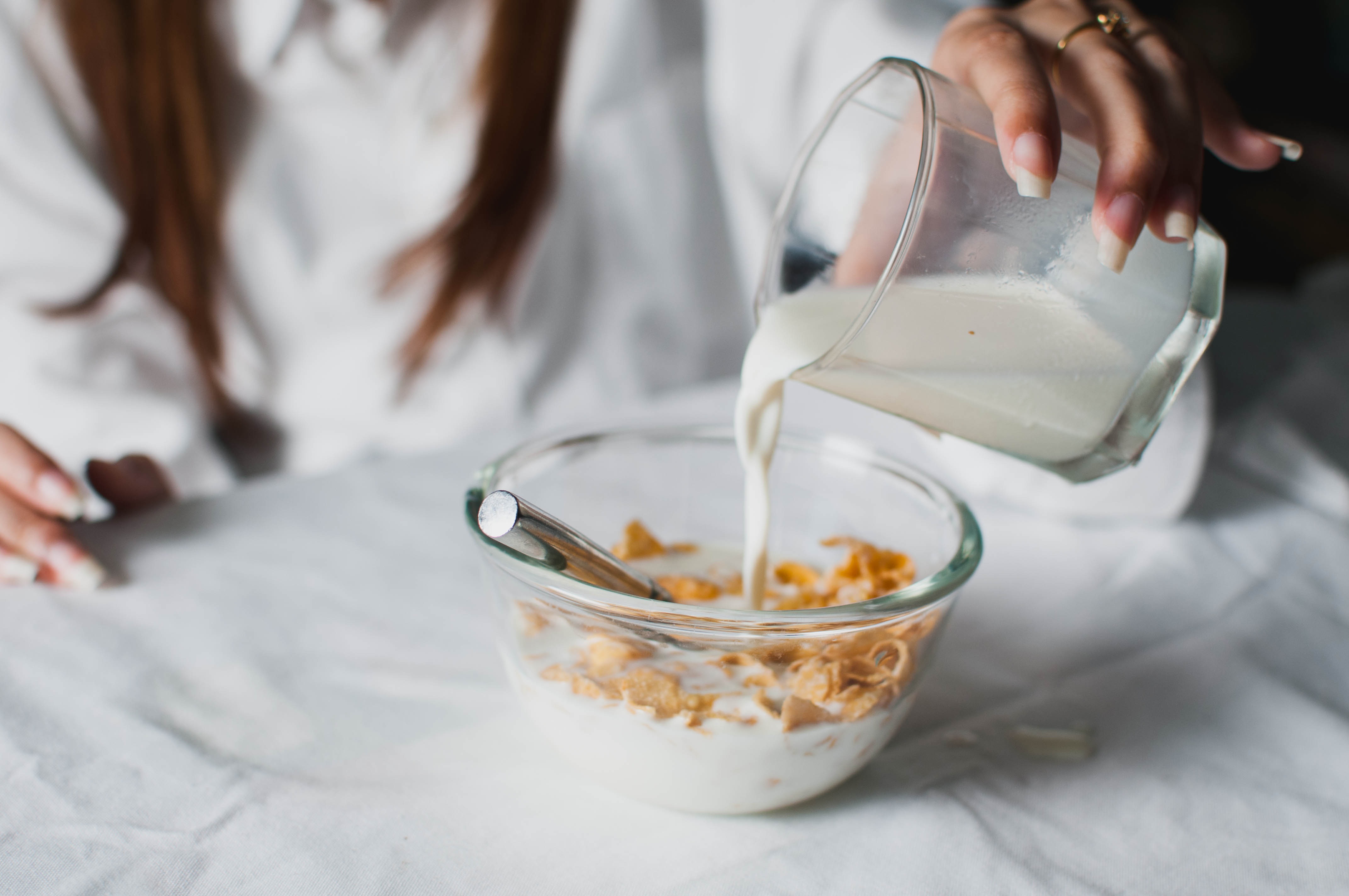 morning, women, focus on foreground, food, eating, meal, snack, pouring, woman, milk, drinking, drink, hand, healthy, holding, table, people, filled, breakfast, HD Wallpaper