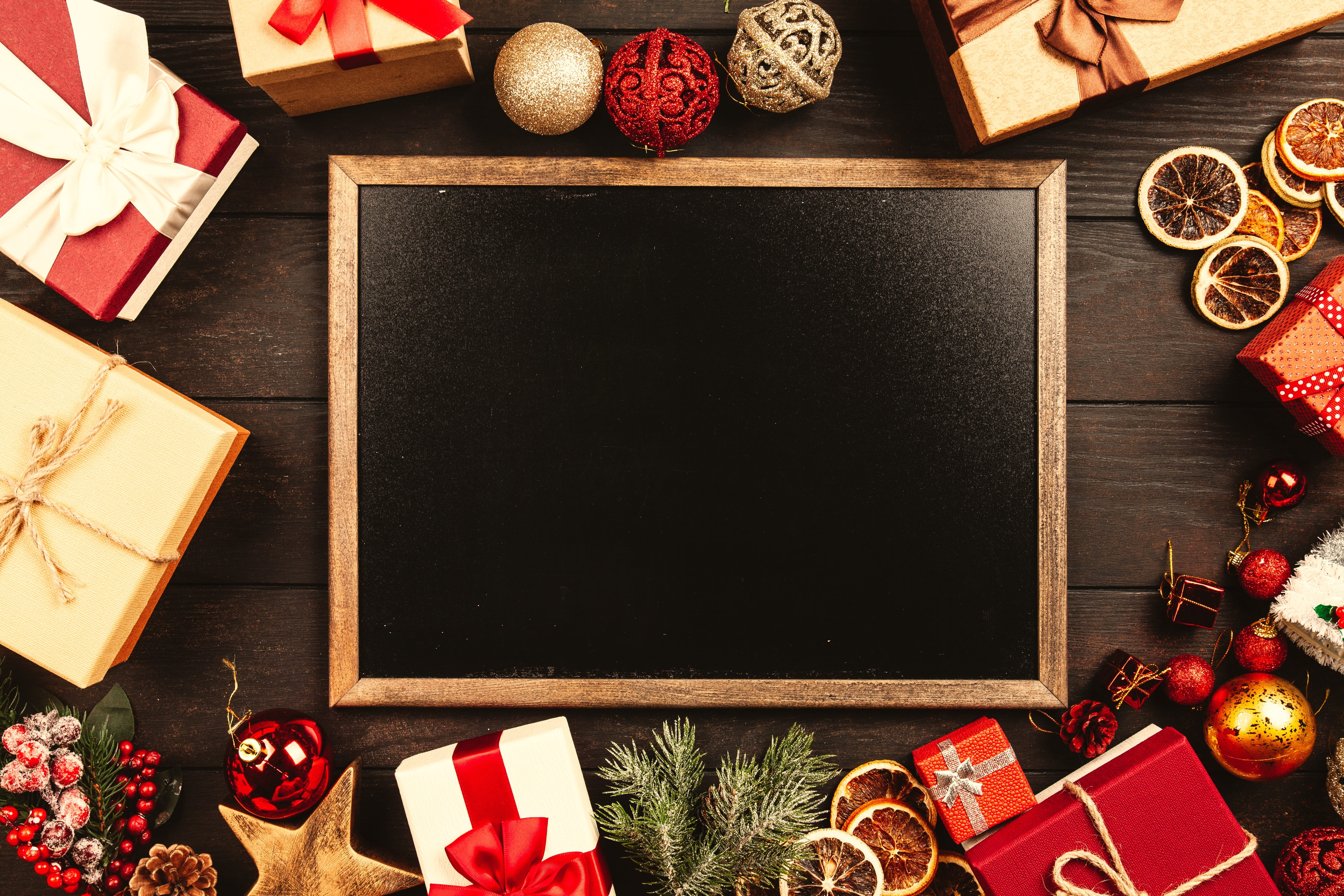 pine cone, wooden, present, lay, christmas ornament, table, christmas, wrapping, background, frame, still life, celebration, box, chalkboard, abstract, HD Wallpaper