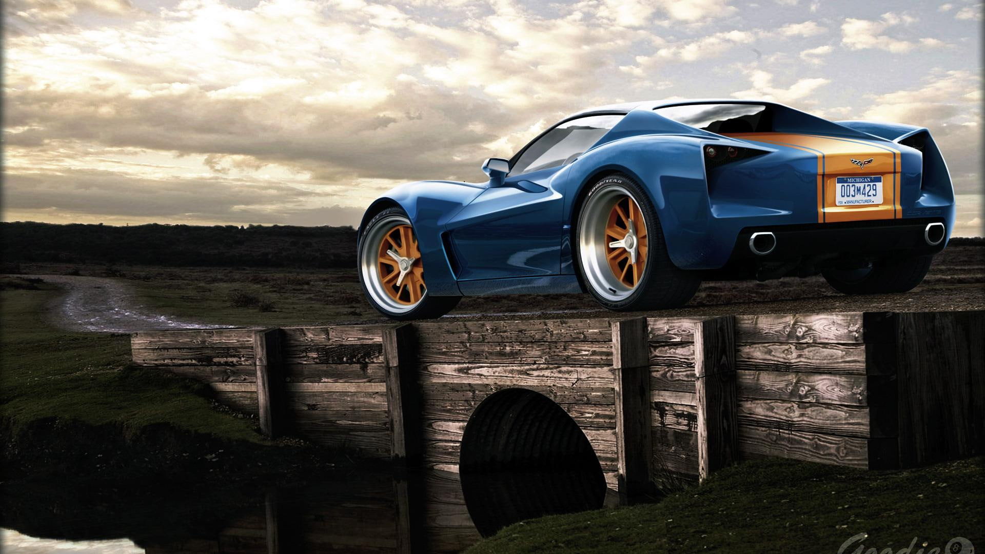 sport, cars, corvette, stream, 1080P, orange, stingray, bridge, blue, road, car, new, HD Wallpaper