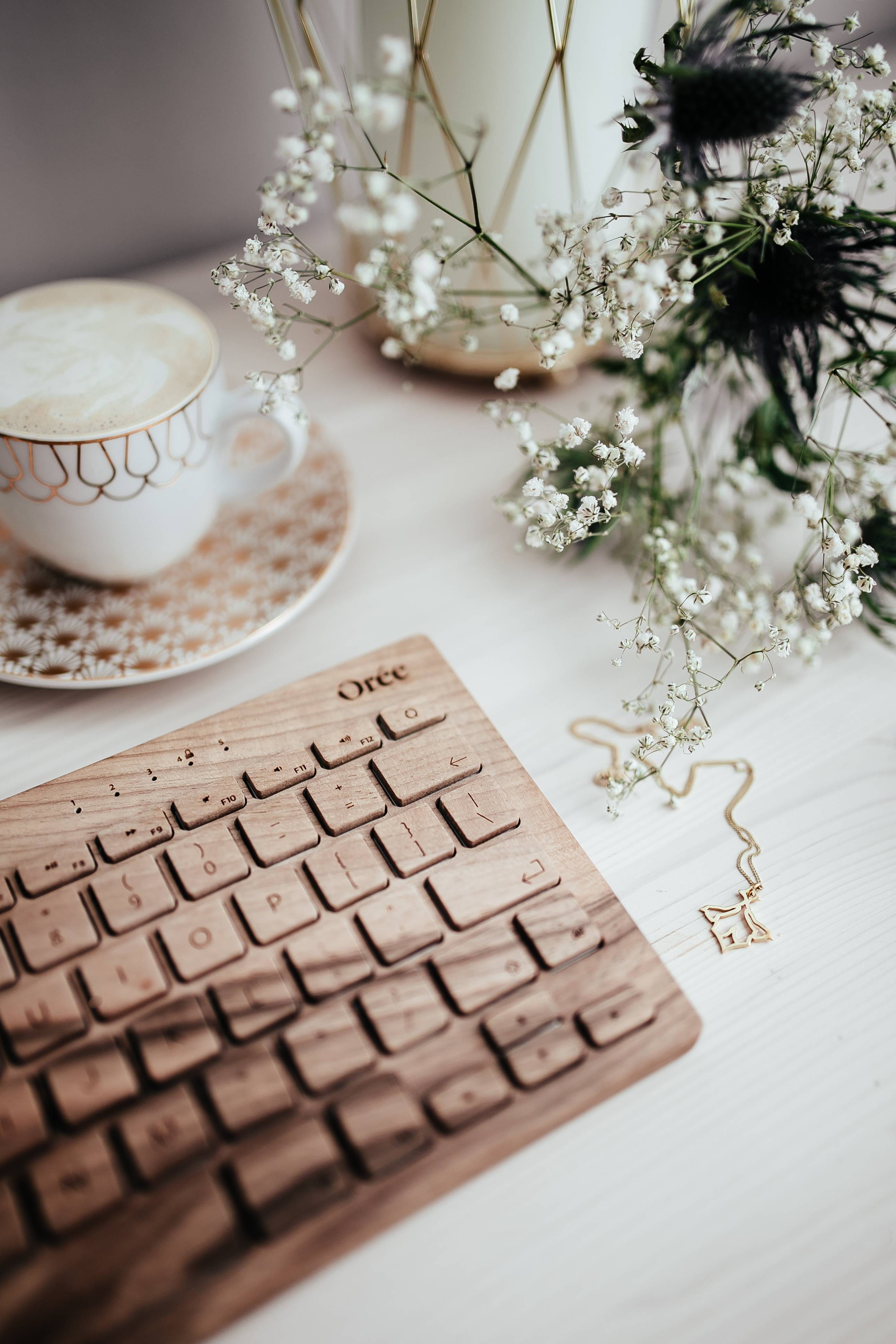 indoors, drink, mug, laptop, desk, plant, selective focus, celebration, text, flowering plant, coffee - Drink, computer Keyboard, communication, caffee, Phone HD Wallpaper