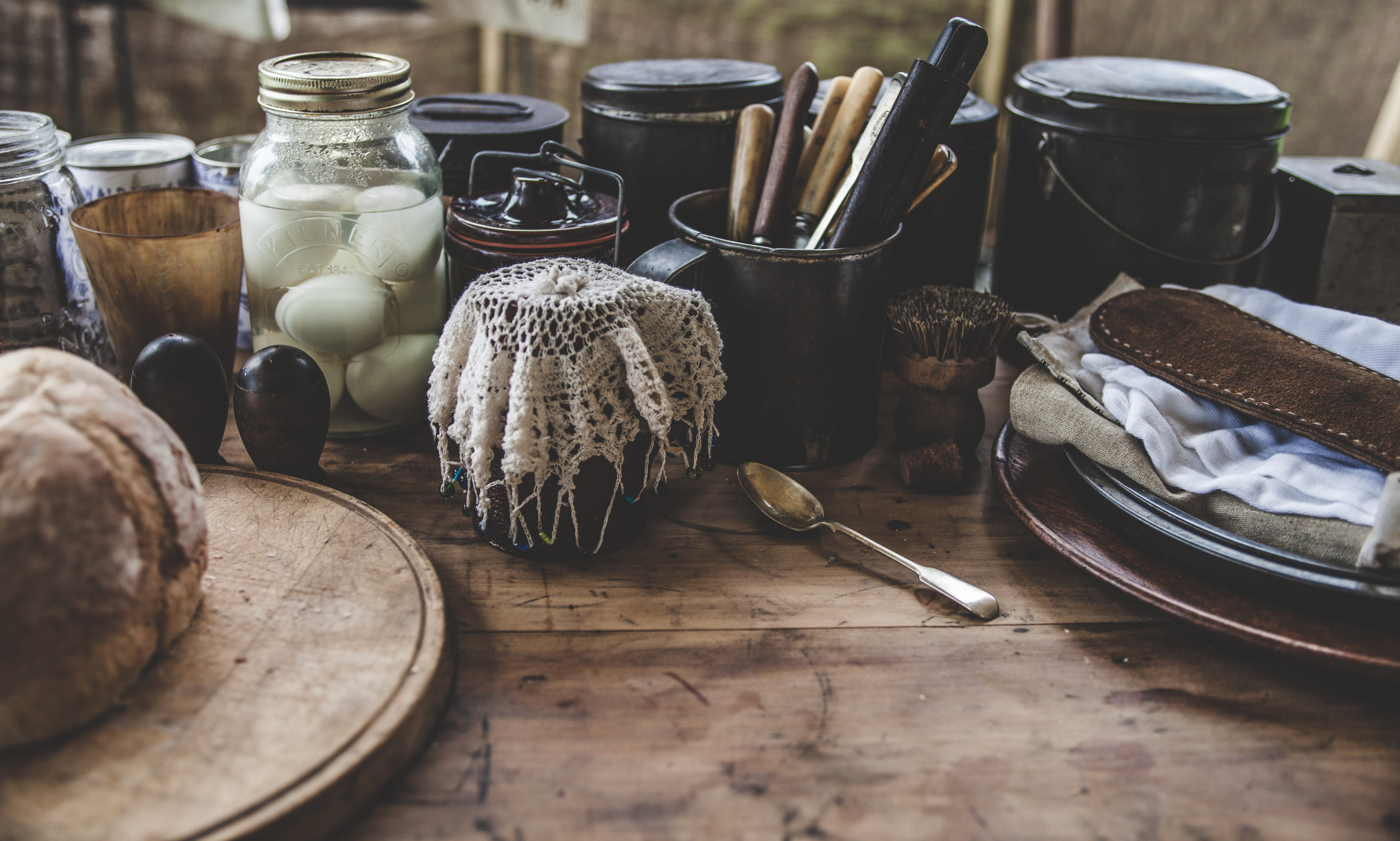 kitchen utensil, no people, kitchenware, glass, wood, eating utensil, table, pickled eggs, 5K, food and drink, old, bottle, spoon, freshness, kitchen, HD Wallpaper