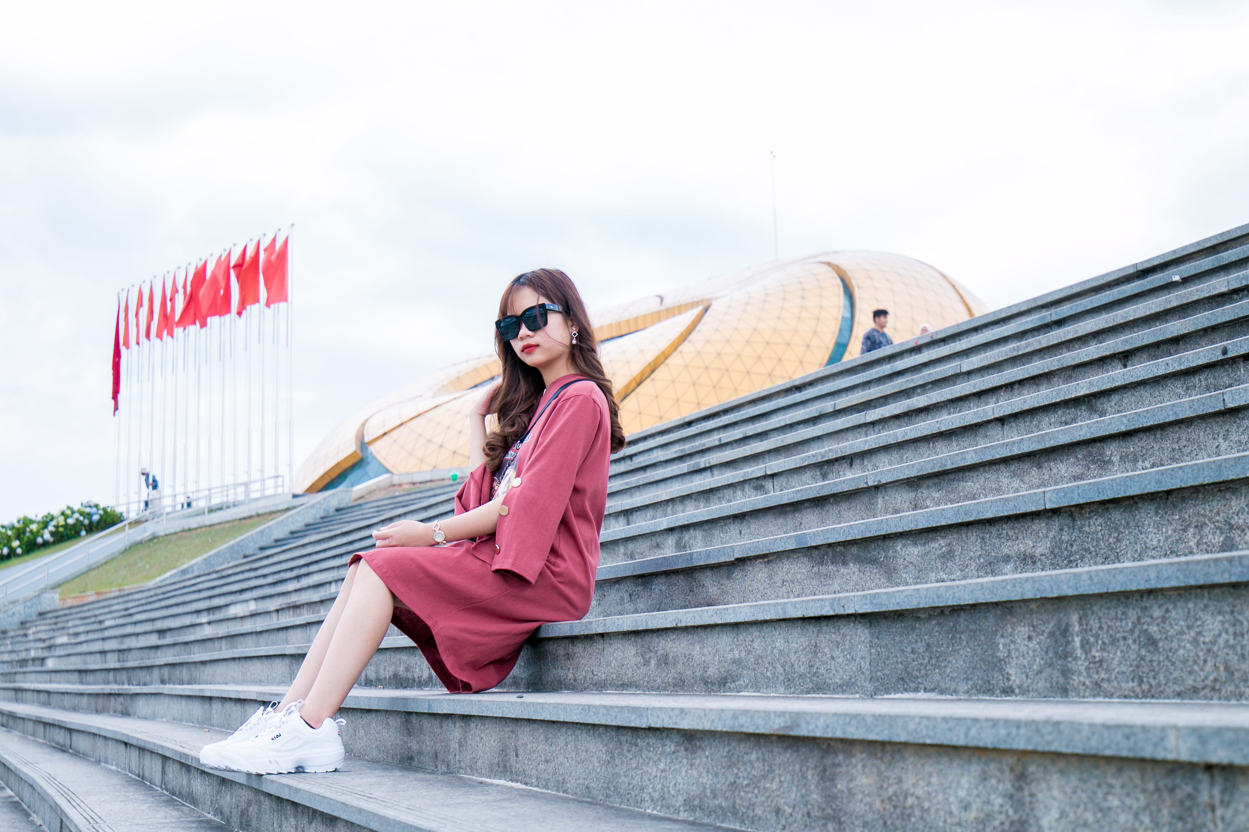 girl, beautiful, pose, model, young women, hair, relaxation, red, glasses, portrait, person, s, fashion, leisure, clothing, lifestyle, architecture, stairs, HD Wallpaper
