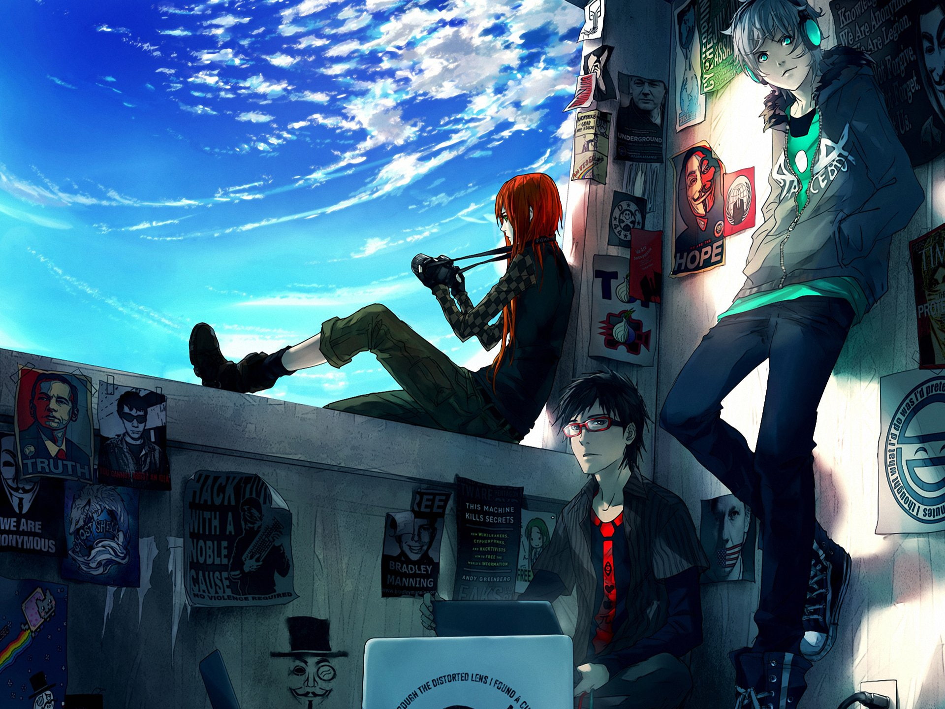 girl, camera, art, notebook, leaflets, headphones, short, 1080P, beautiful, boys, hair, HD Wallpaper