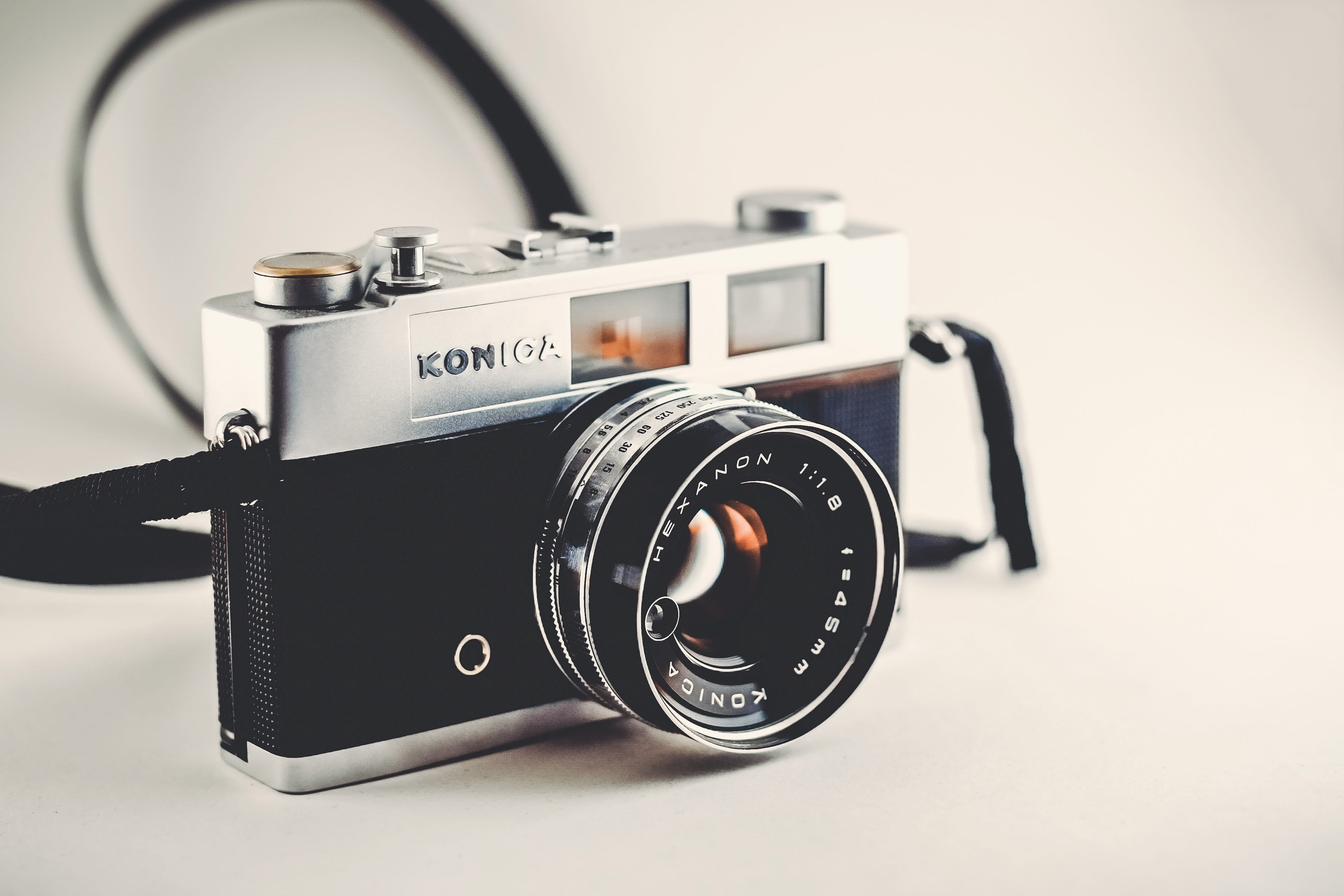 photographic equipment, konica, black, indoors, number, classic, silver colored, single object, studio shot, antique, design, photography themes, black color, HD Wallpaper