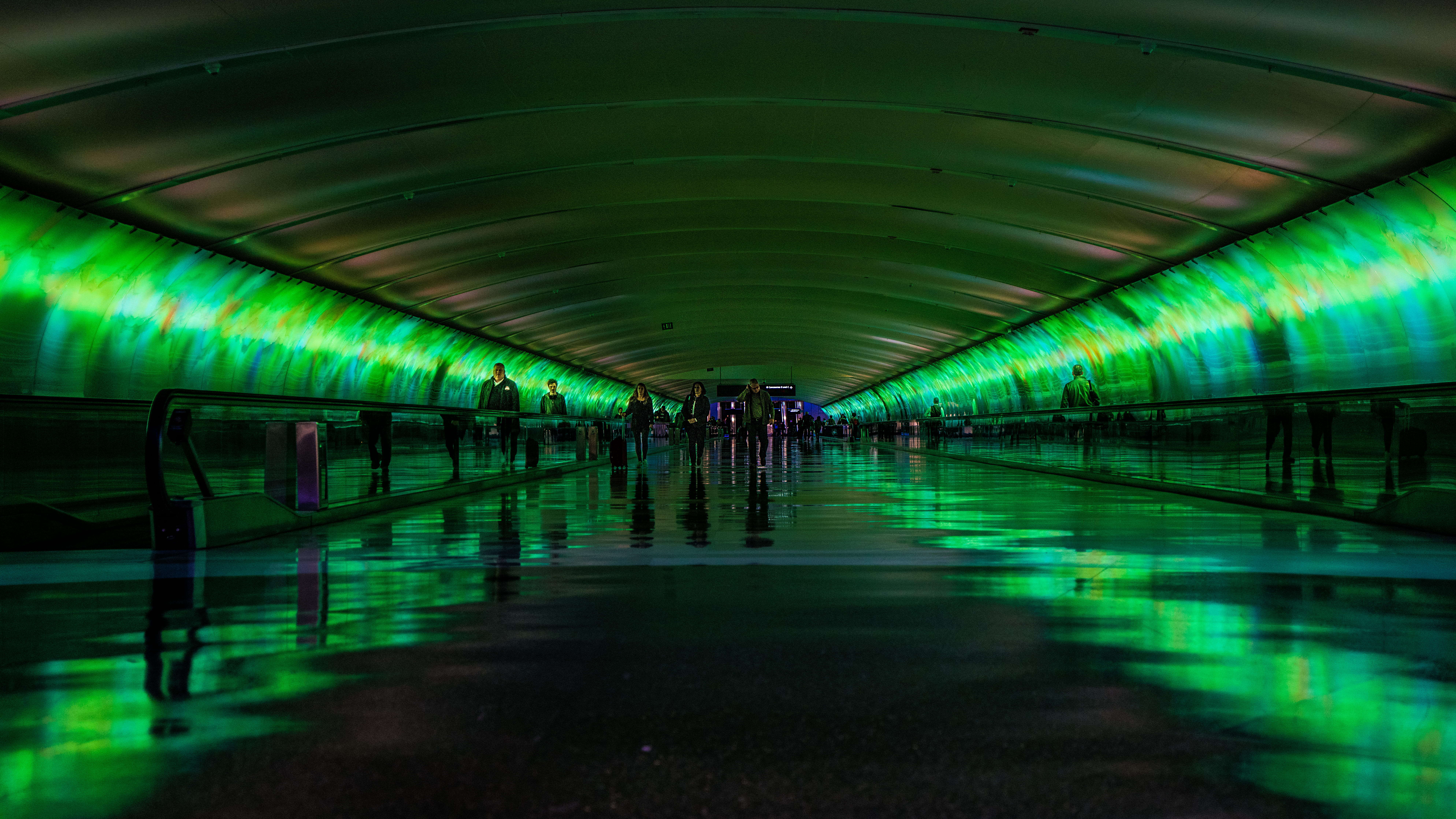 street, water, 8K, reflect, lighting equipment, colour, incidental people, the way forward, green color, tunnel, transportation, airport, green, built structure, HD Wallpaper