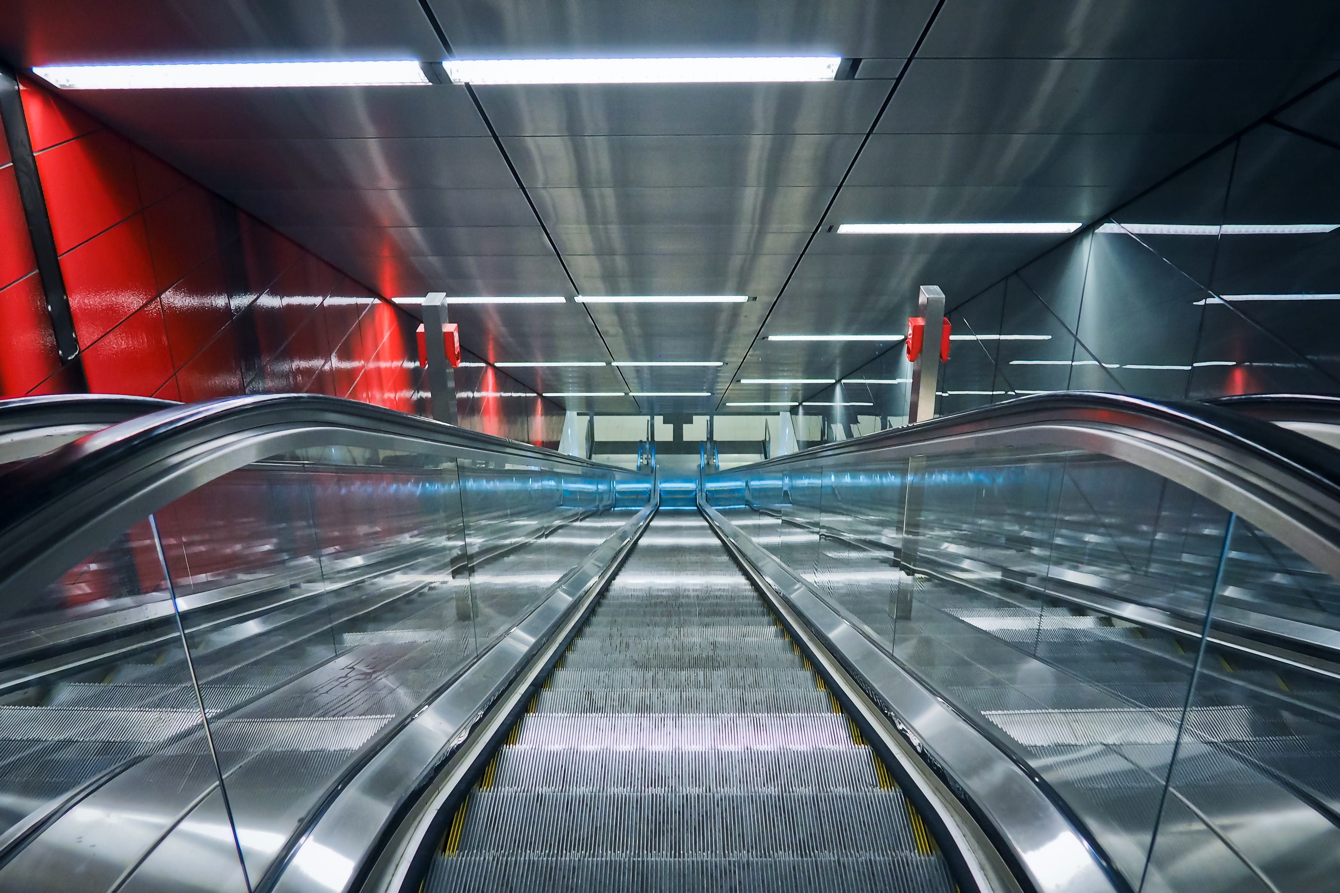 modern, illuminated, convenience, indoors, railing, city, architecture, urban, connection, one person, steep, motion, transportation, standing, station, HD Wallpaper