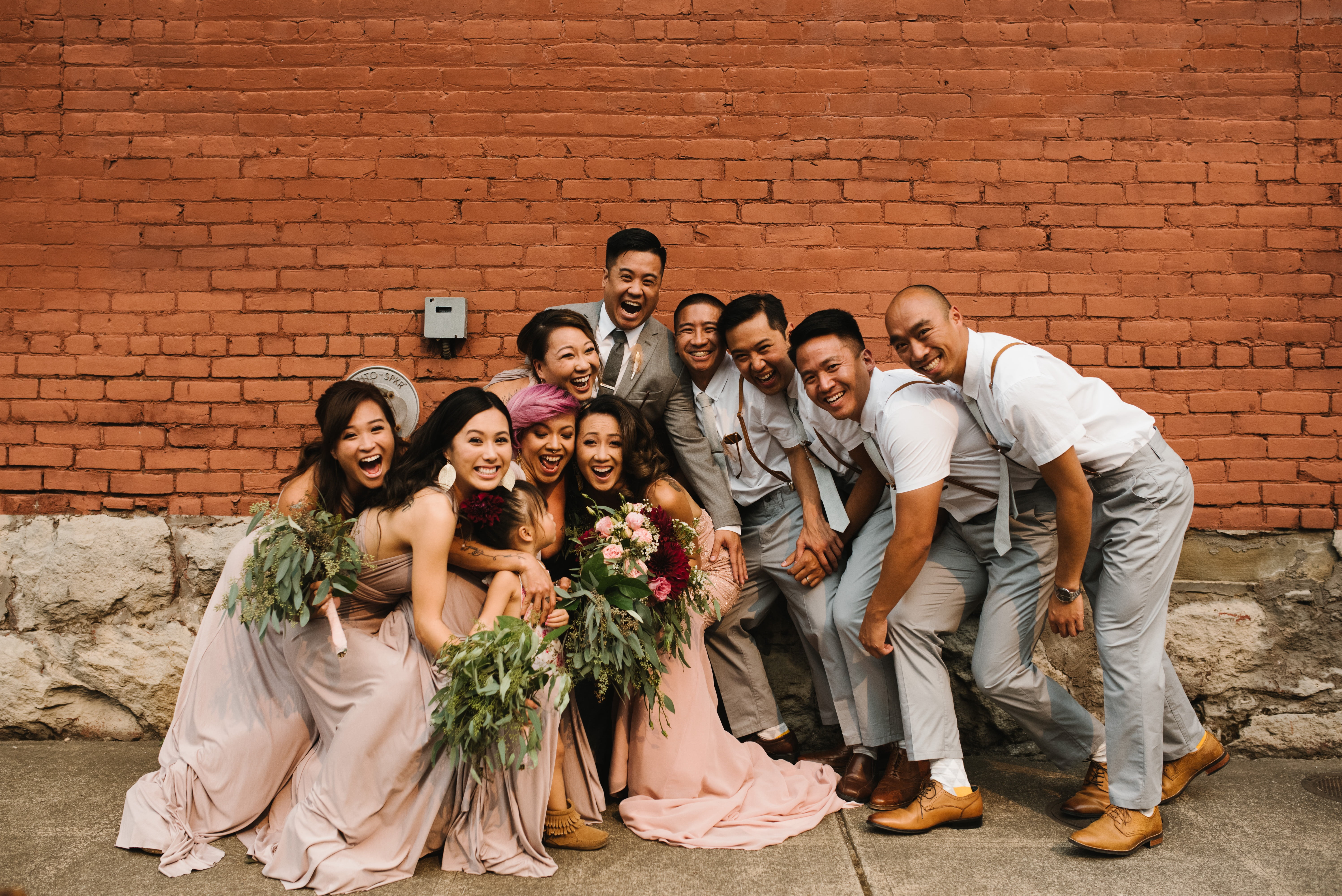 smiling, brick, adult, standing, wall, men, caucasian Ethnicity, brown, front, full length, group Of People, flower, women, happiness, concrete, males, HD Wallpaper